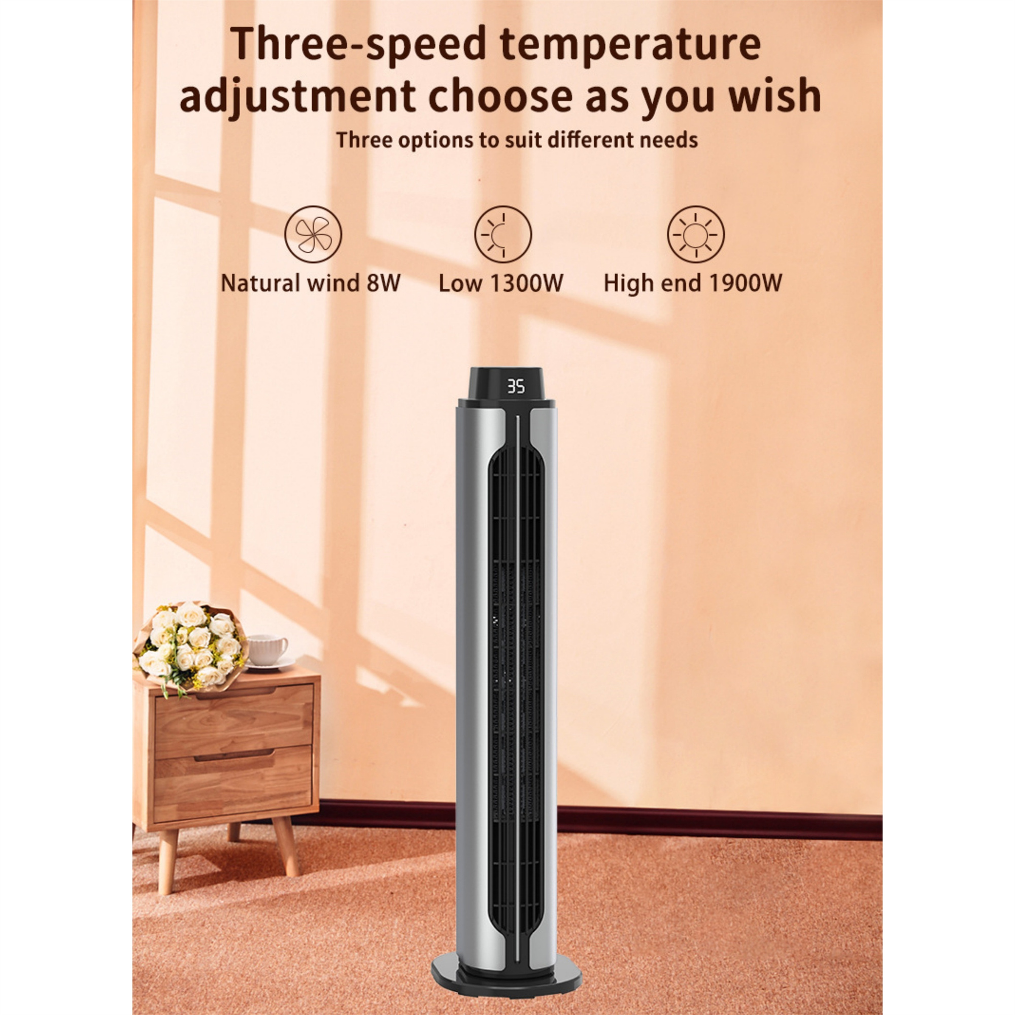 Silber-schwarzer Turmventilator mit Temperaturanzeige. Text zeigt drei Geschwindigkeitsstufen.