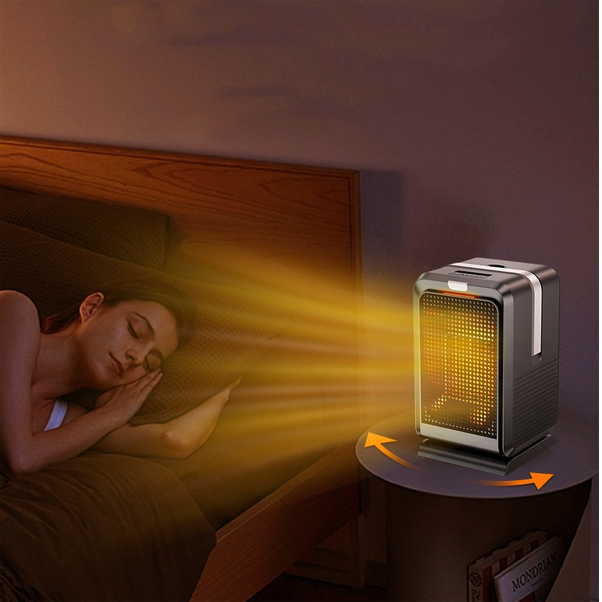 Eine Frau schläft, während eine kleine Heizung eingeschaltet ist. Oranges Licht wird auf sie gerichtet.