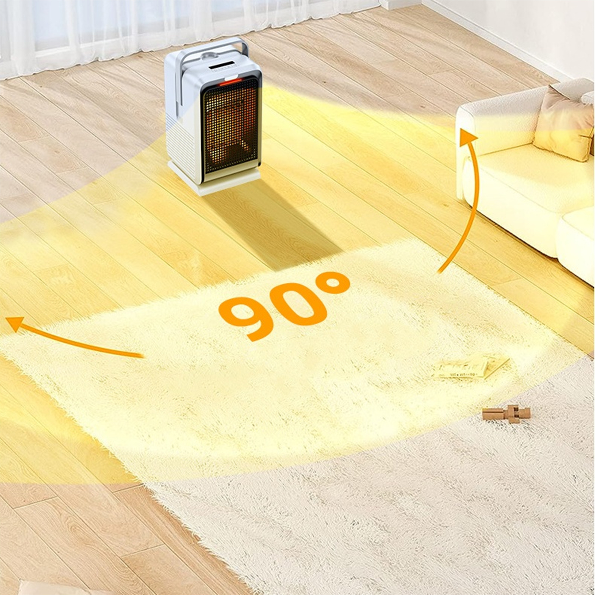 Ein weißer Heizlüfter auf einem Teppich heizt einen Raum. 90 Grad sind auf dem Teppich geschrieben. Rechts ist ein Sofa.