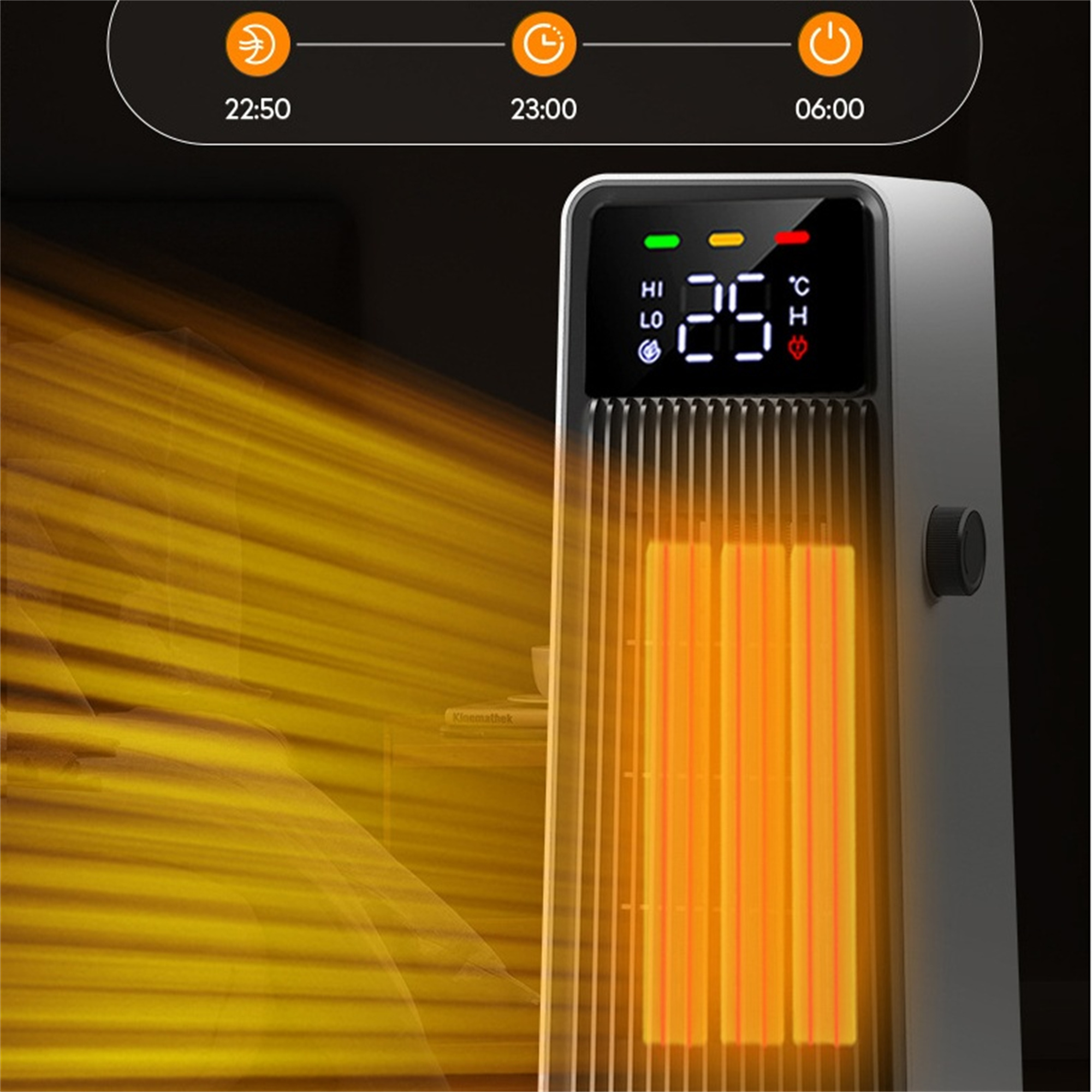 Ein elektrischer Heizlüfter mit digitaler Anzeige für Zeit und Temperatur.