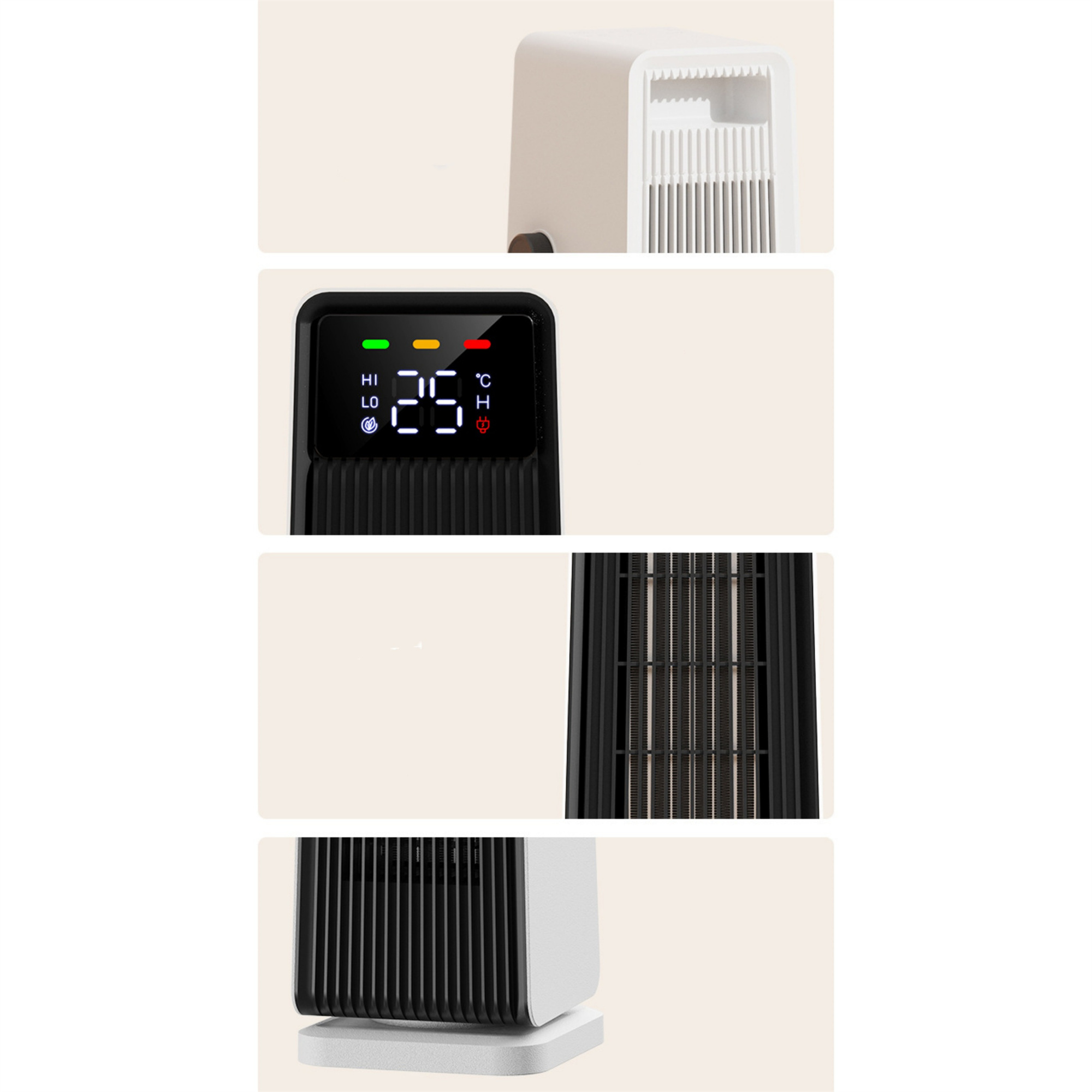 Nahaufnahmen eines schwarz-weißen Elektroheizers, die Details des Displays und der Lüftungsschlitze zeigen.