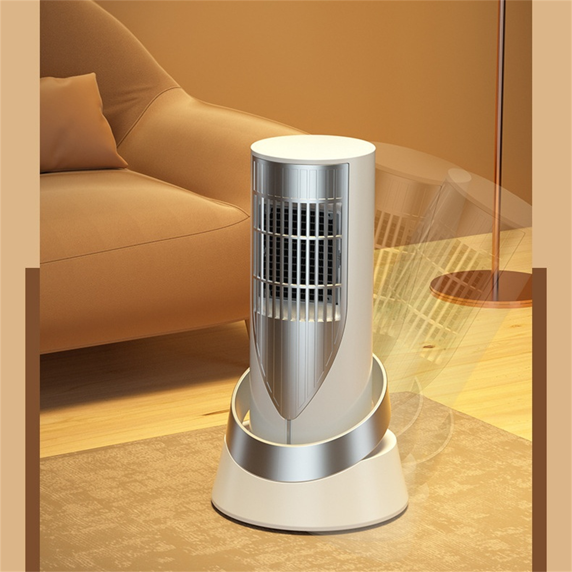 Ein weißer und silberner Ventilator auf einem Teppich. Im Hintergrund ist ein Sofa.