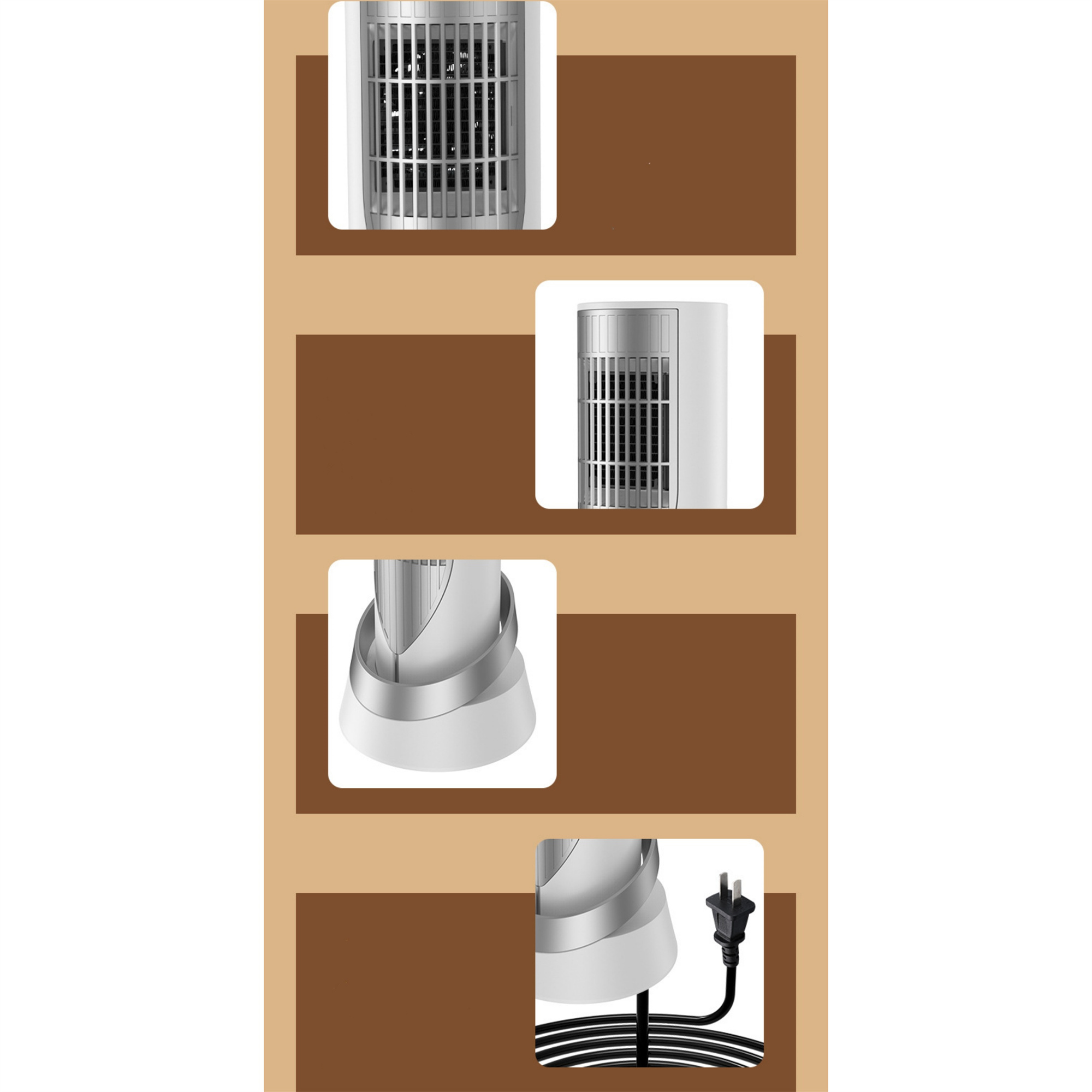 Nahaufnahmen eines weißen und silbernen Ventilators. Die Aufnahmen zeigen die Vorder-, Seiten- und Rückansicht des Ventilators.