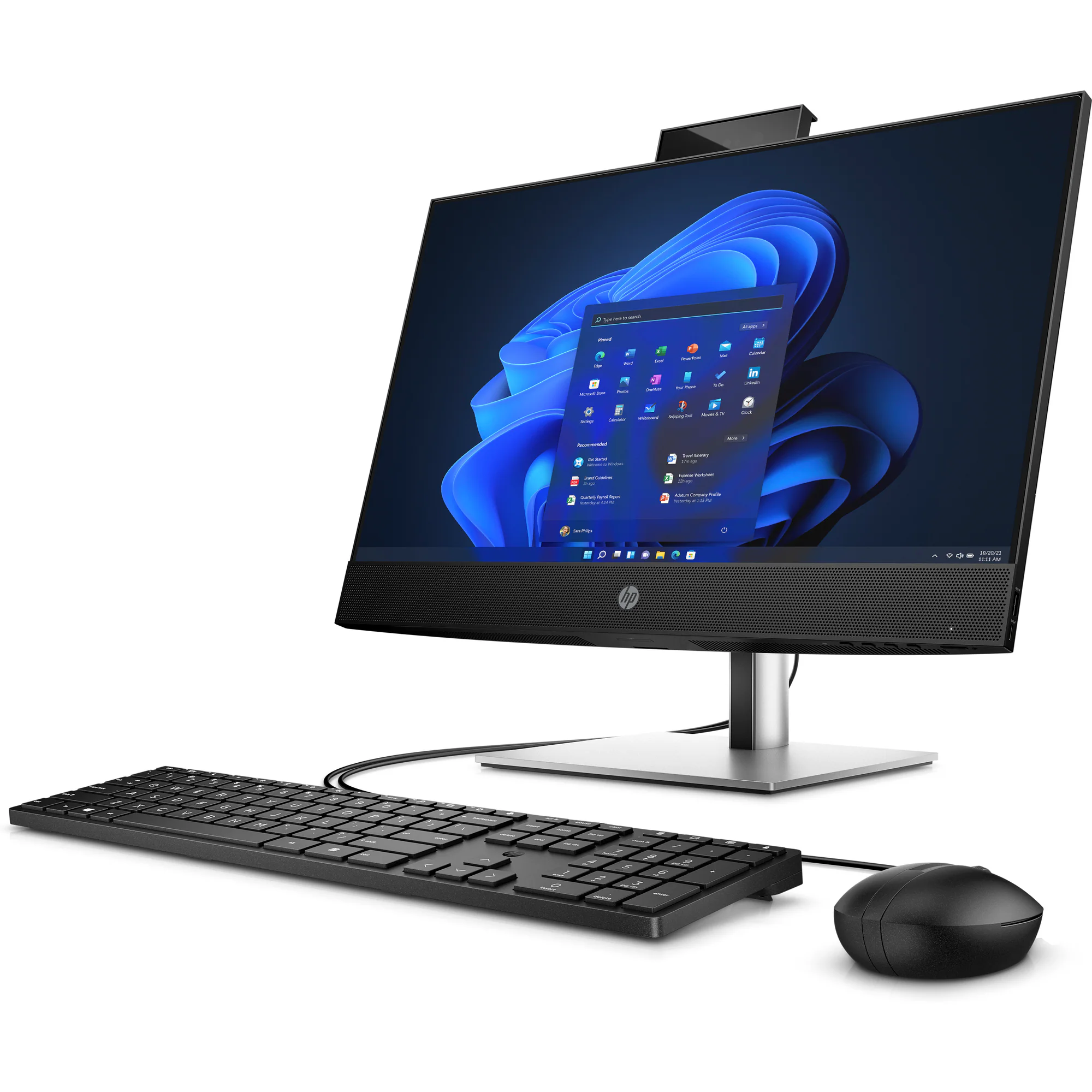 Una computadora todo en uno con teclado y ratón. La pantalla muestra una interfaz de Windows.
