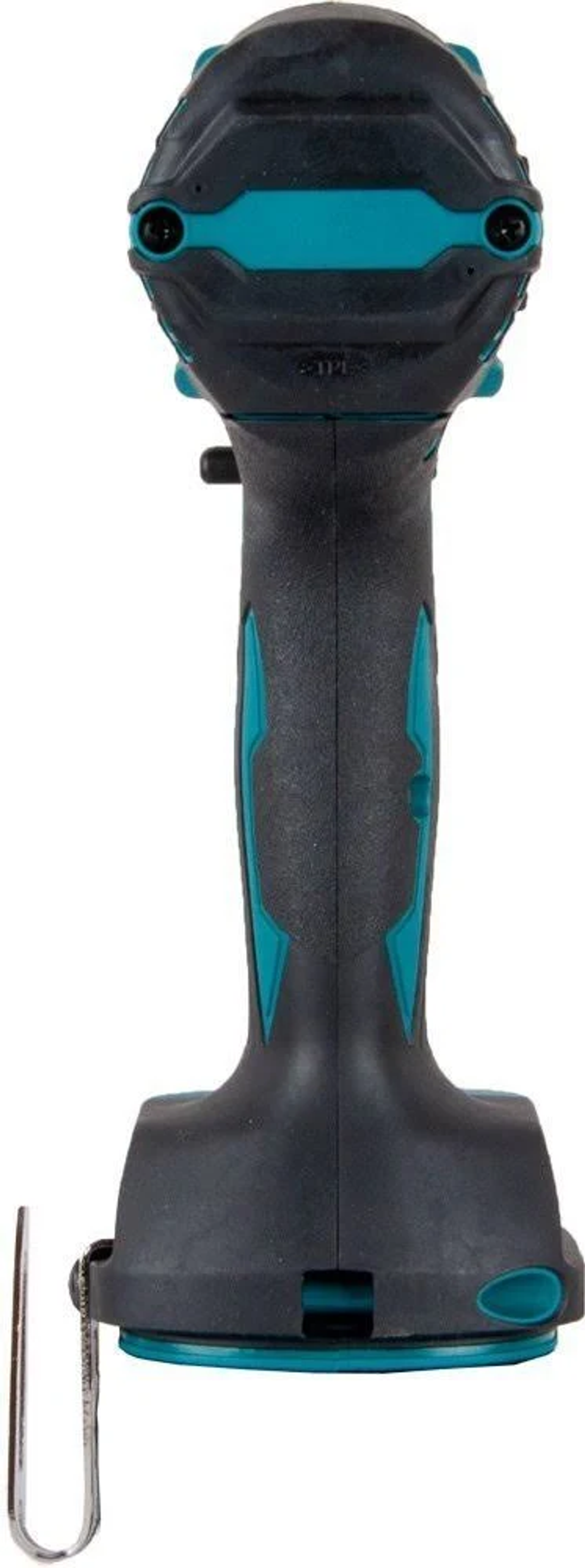 Wiertarka z turkusowo-czarnym uchwytem na białym tle.