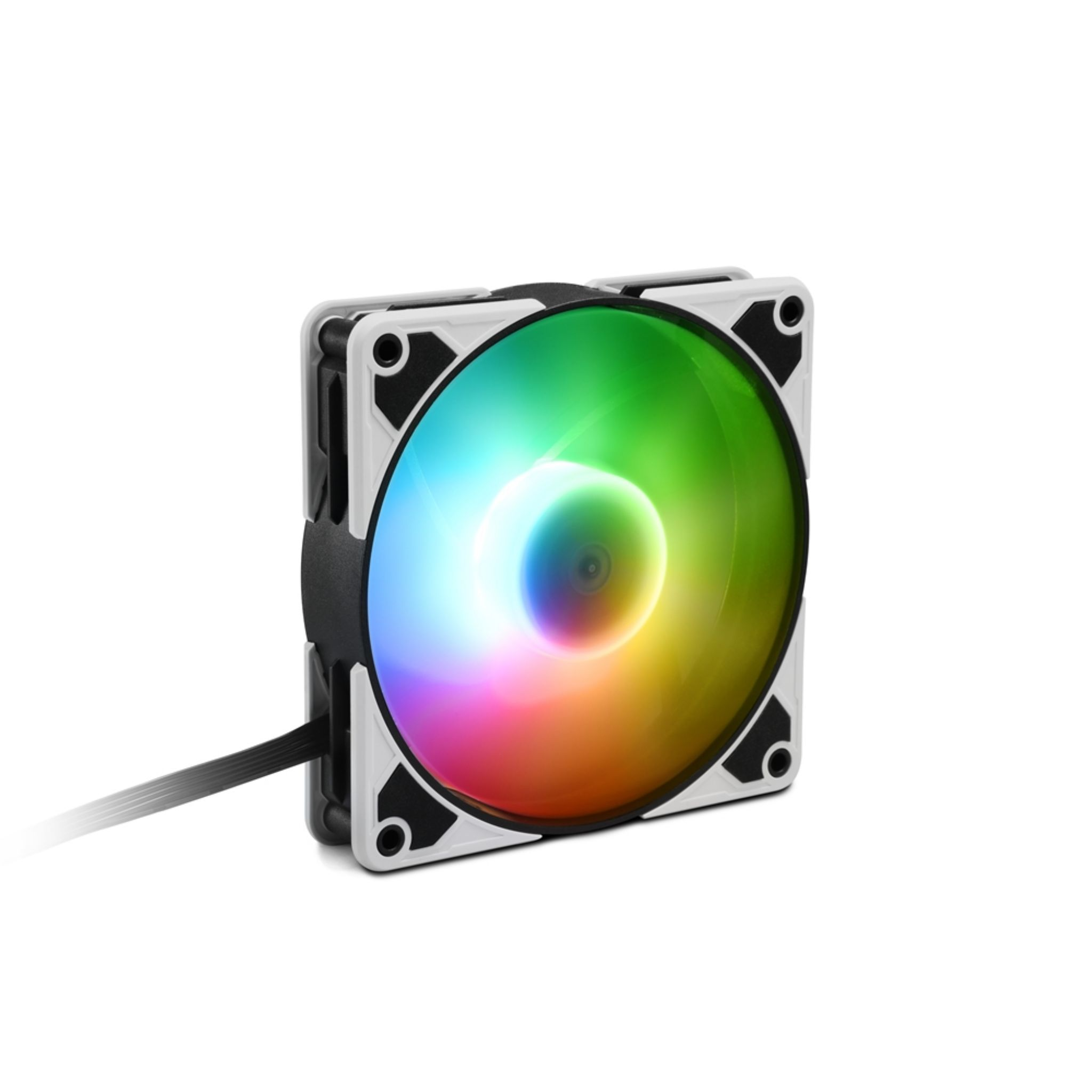 Wentylator RGB z wielokolorowymi światłami. Biała rama, czarne łopatki. Wyświetla kolory tęczy.