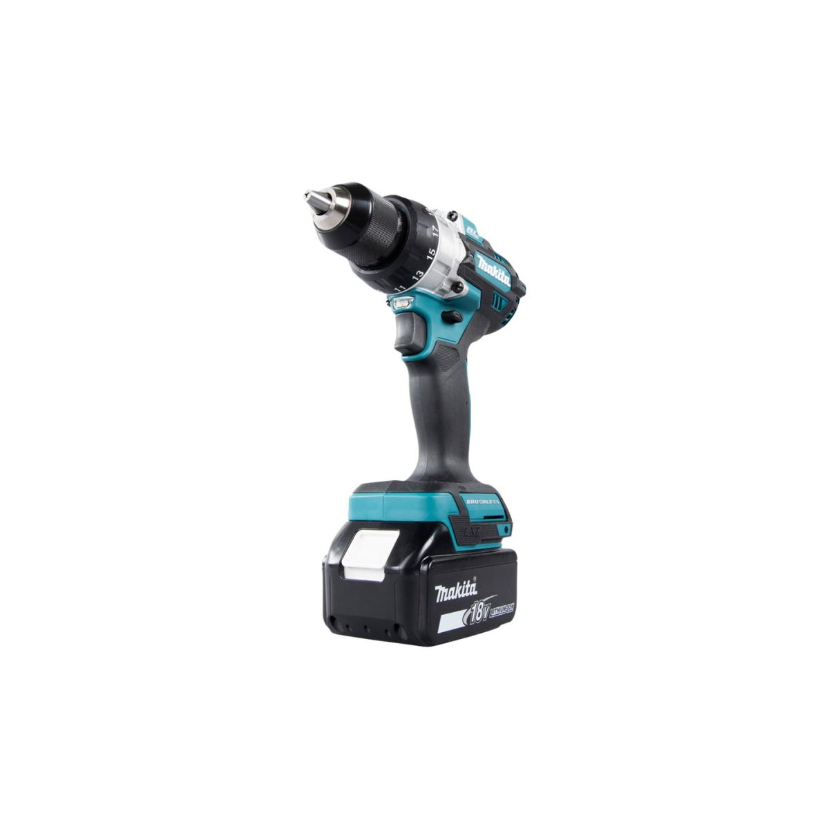 Akku-Bohrmaschine, schwarz und türkis. Makita 18V Akku. Winkelansicht.