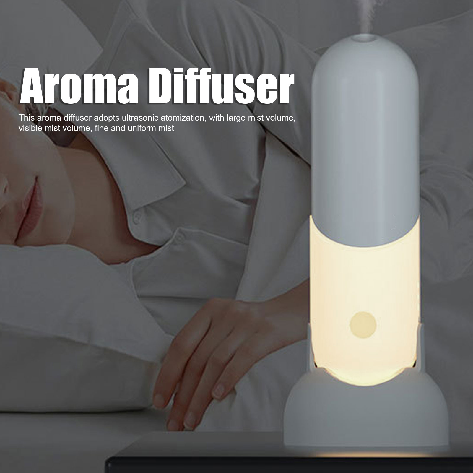 Weißer Aromadiffusor in der Nähe einer liegenden Person. Nebel steigt von oben auf.