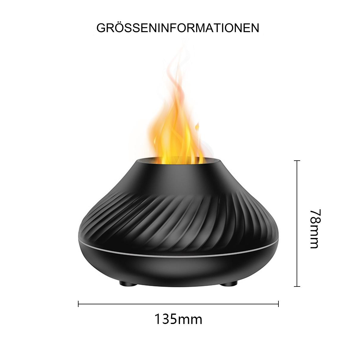 Ein schwarzes, dekoratives, flammenförmiges Gerät mit Abmessungen. Das Gerät steht auf einer weißen Oberfläche. Flammen flackern.