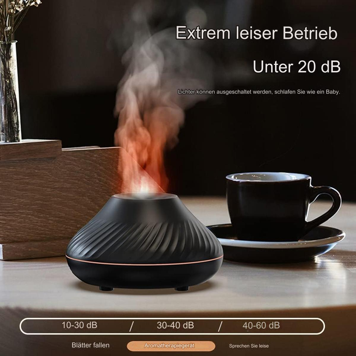 Schwarzes Aromatherapiegerät mit flammenartigem Ausstoß und Text über Ruhe und Geräuschpegel.