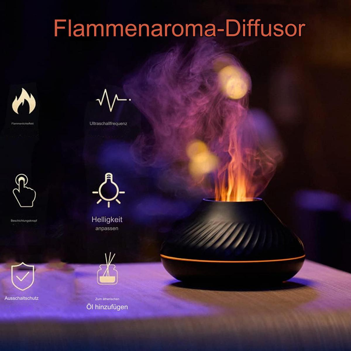 Aromadiffusor mit Flammeneffekt auf dem Tisch. Lila Licht, mit Symbolen. Text: Flammenaroma-Diffusor.