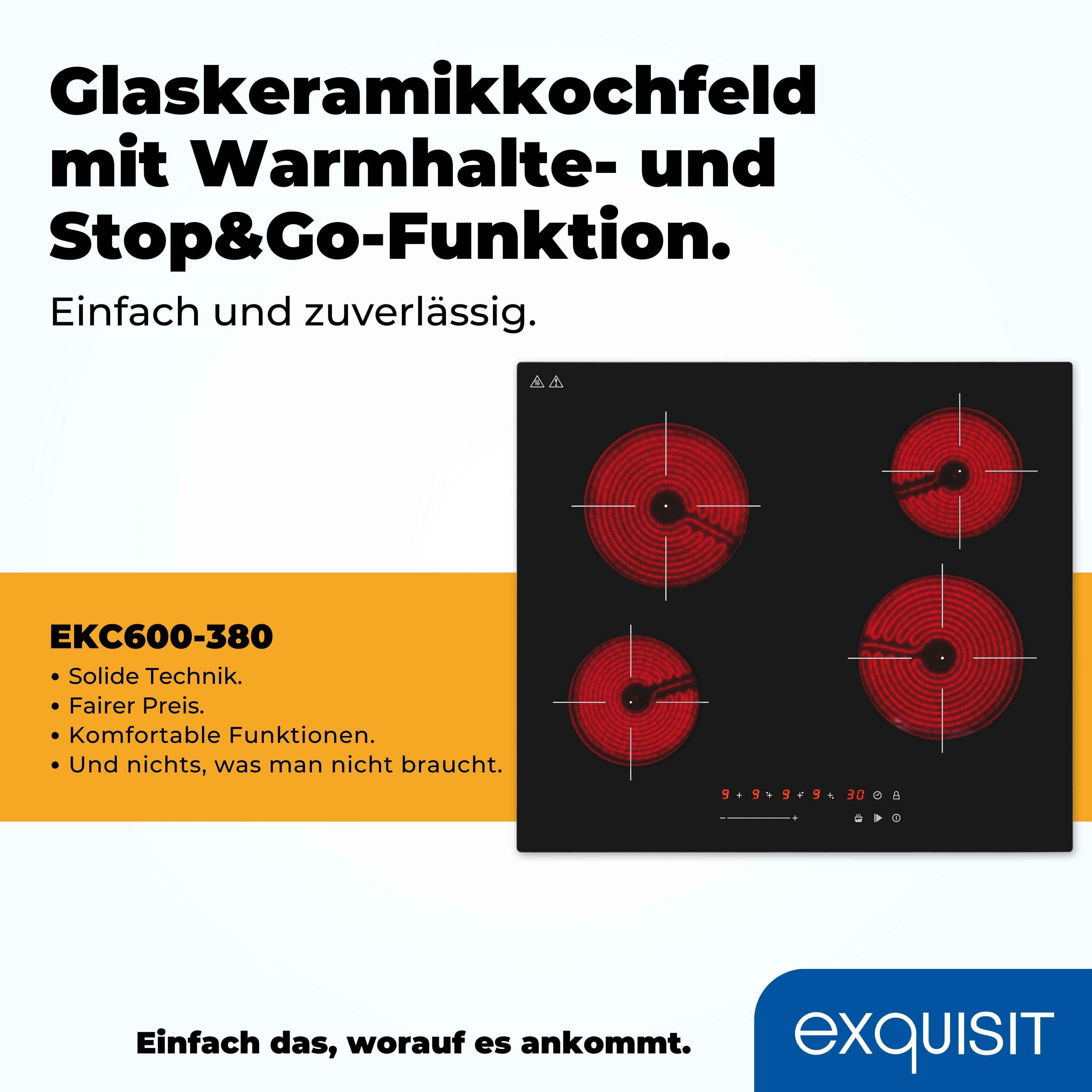 Schwarzes Elektrokochfeld mit roten Heizelementen und Text auf Deutsch.