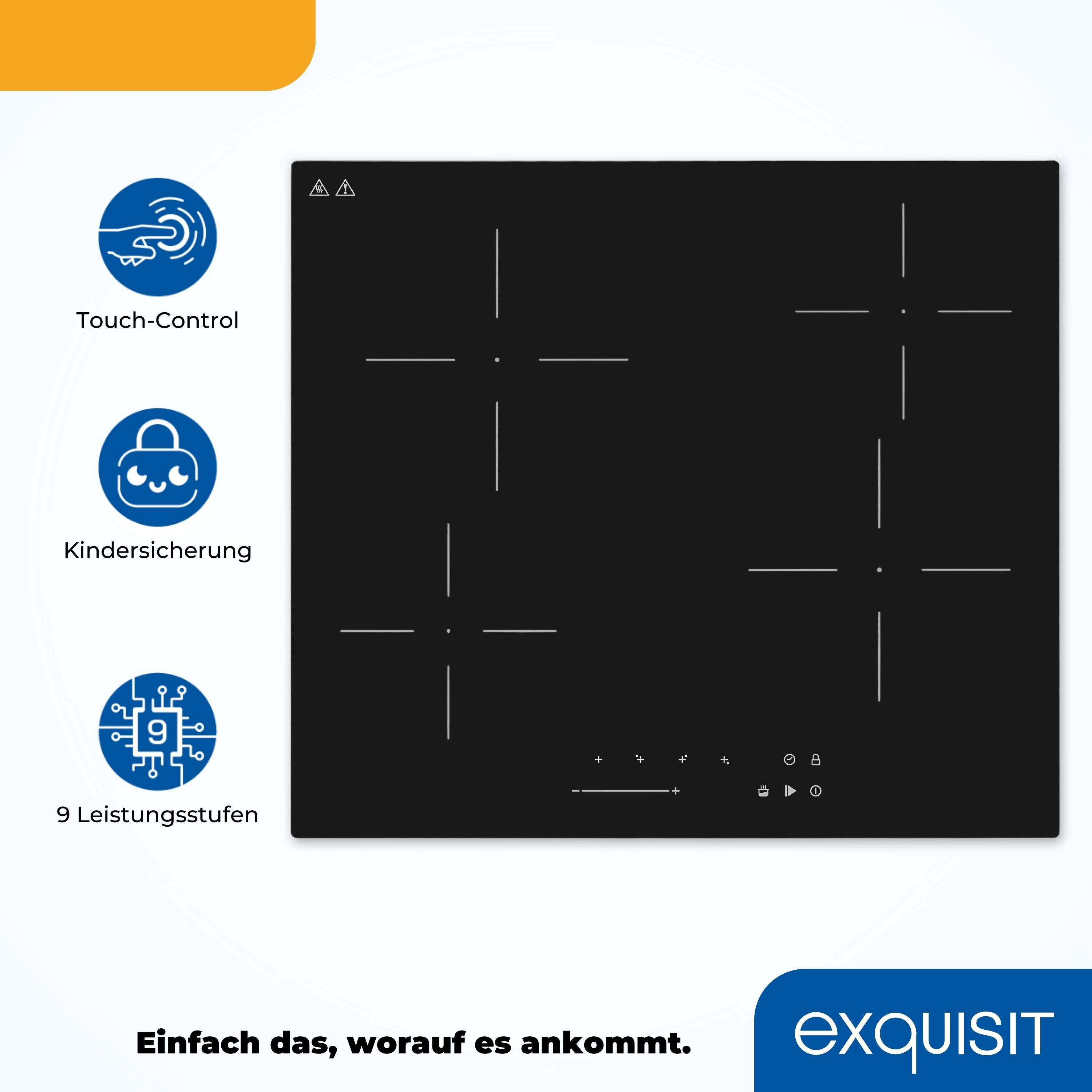 Ein schwarzes Induktionskochfeld mit vier Kochzonen. Es gibt Symbole für Touch-Control und Kindersicherung.