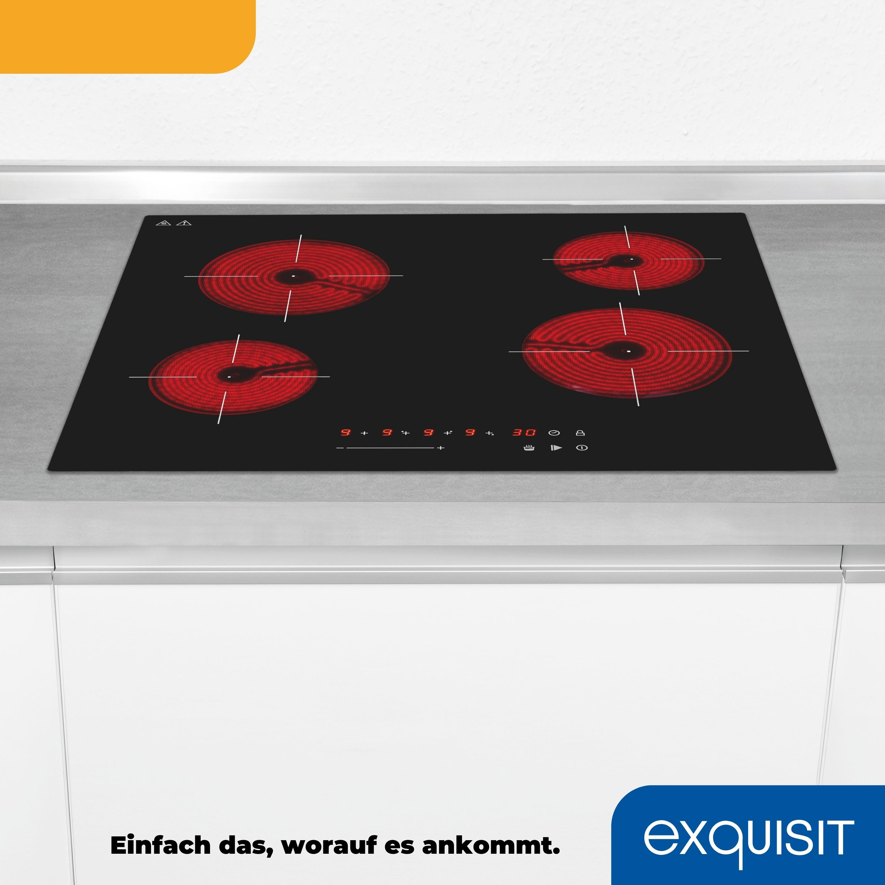 Schwarzes Elektrokochfeld mit vier roten Heizelementen, weißem Hintergrund und einem „exquisit“ Logo.
