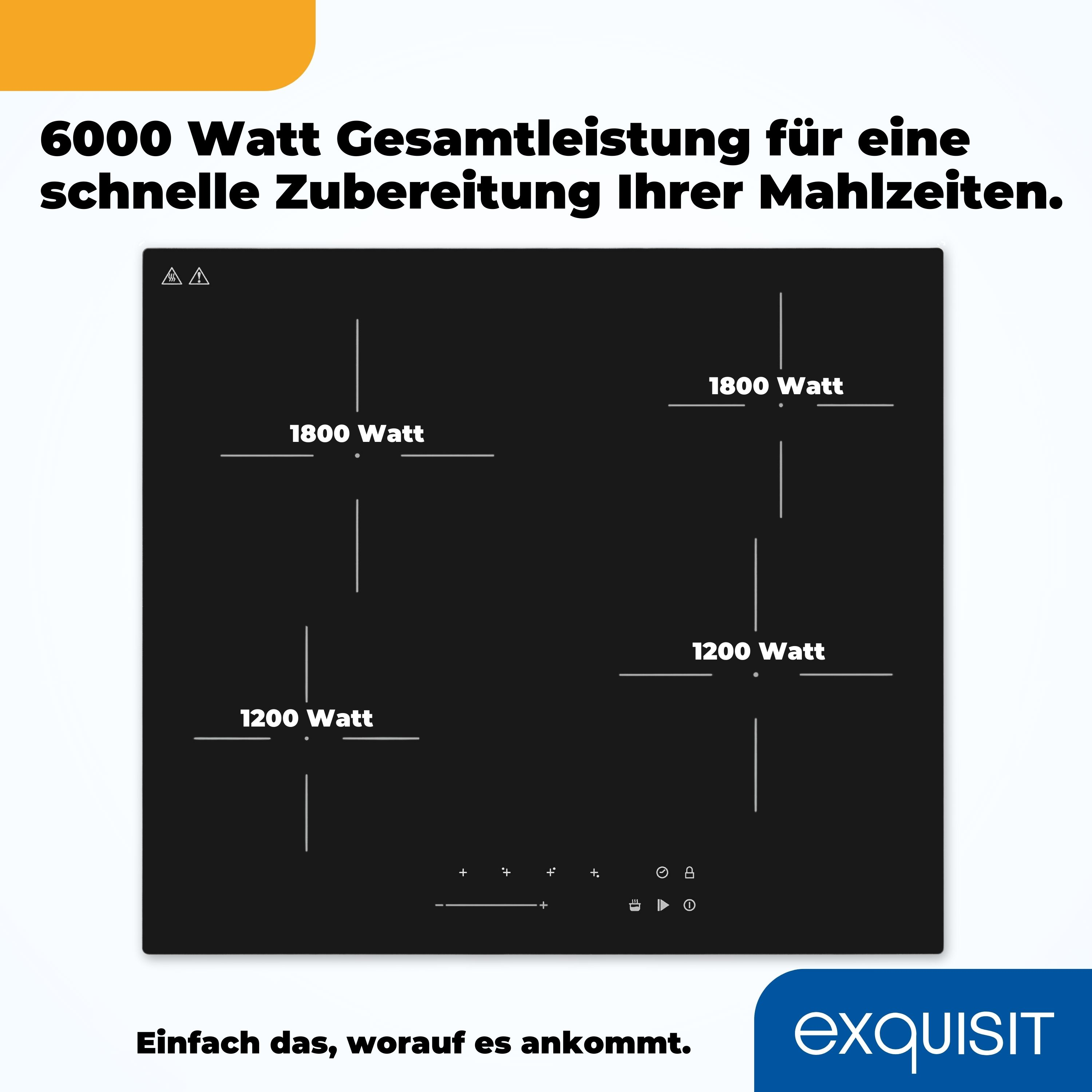 Schwarzes Induktionskochfeld mit 4 Kochfeldern. Text zeigt Wattzahl. Weißer Hintergrund.