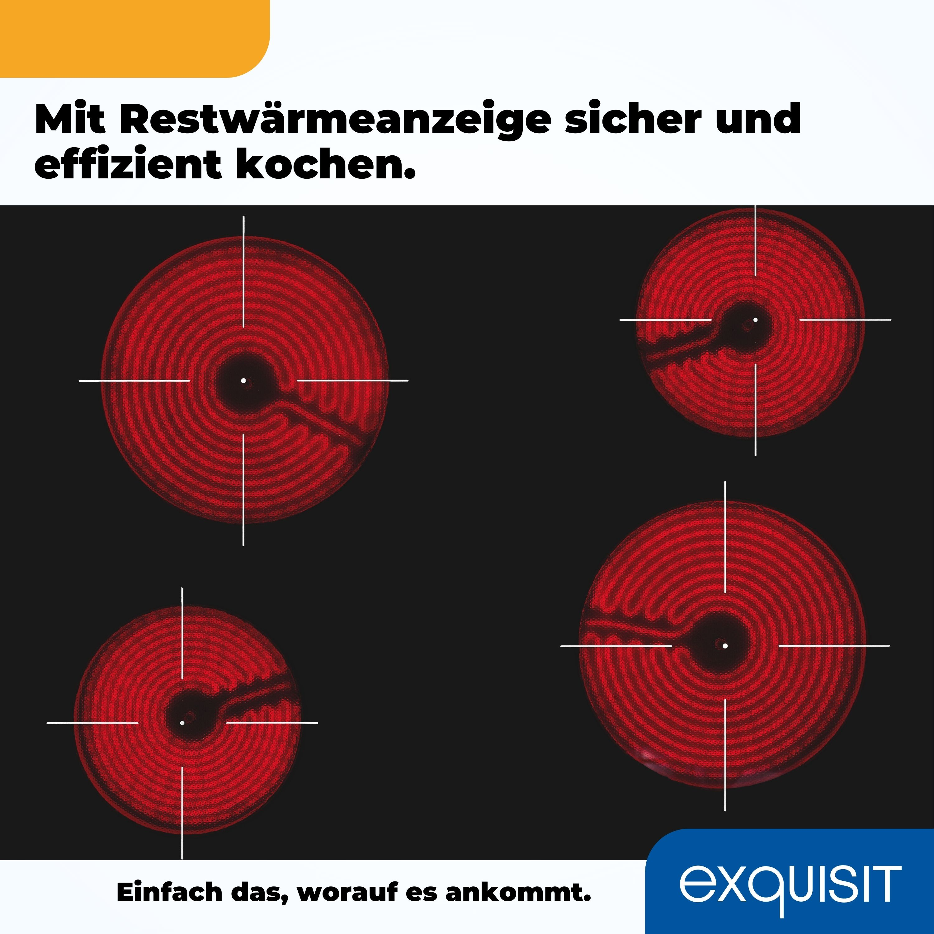 Schwarzes Kochfeld mit roten Heizelementen. Weißer Hintergrund.