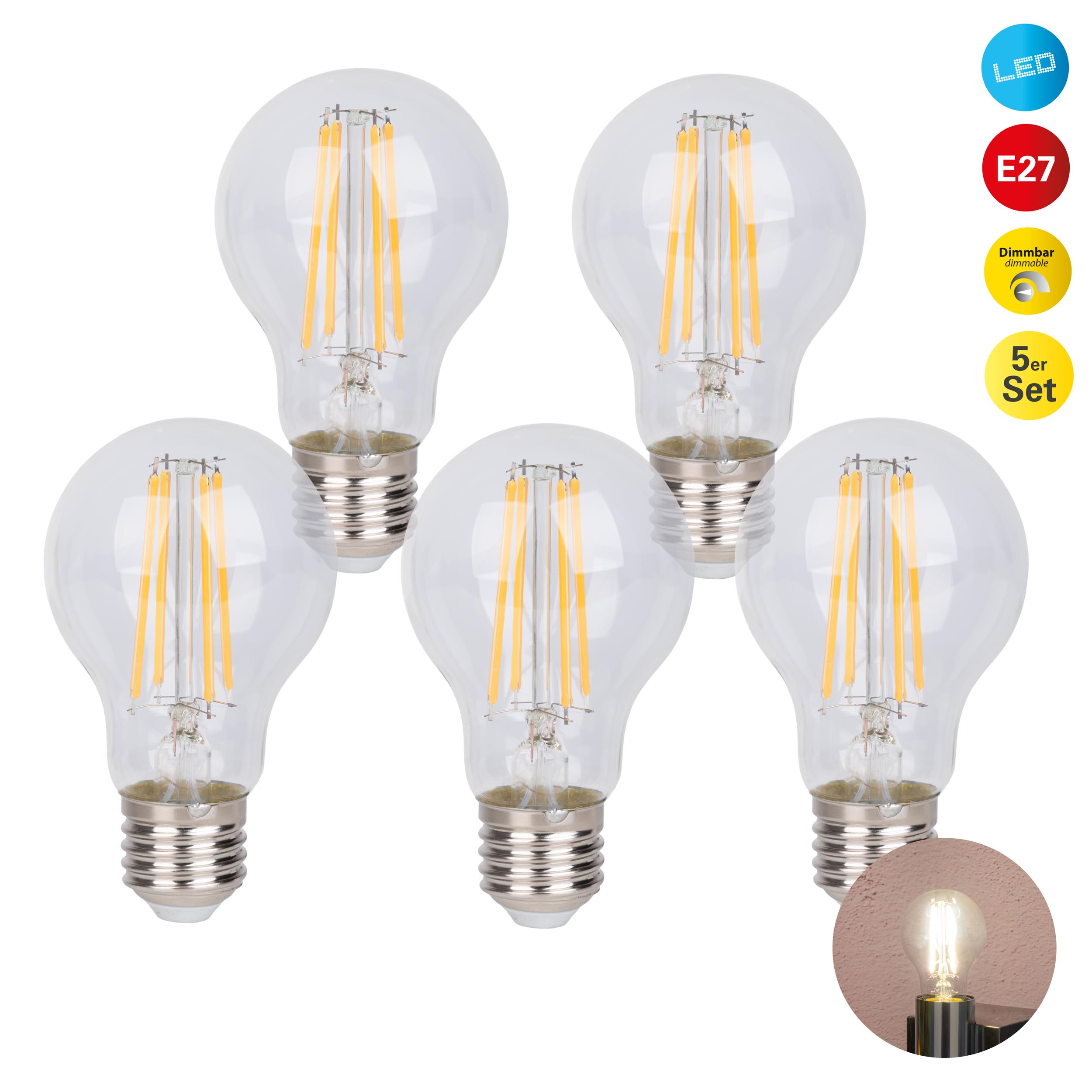 Fünf klare LED-Glühbirnen mit sichtbaren Filamenten und E27-Sockel, im 5er-Set, dimmbar.