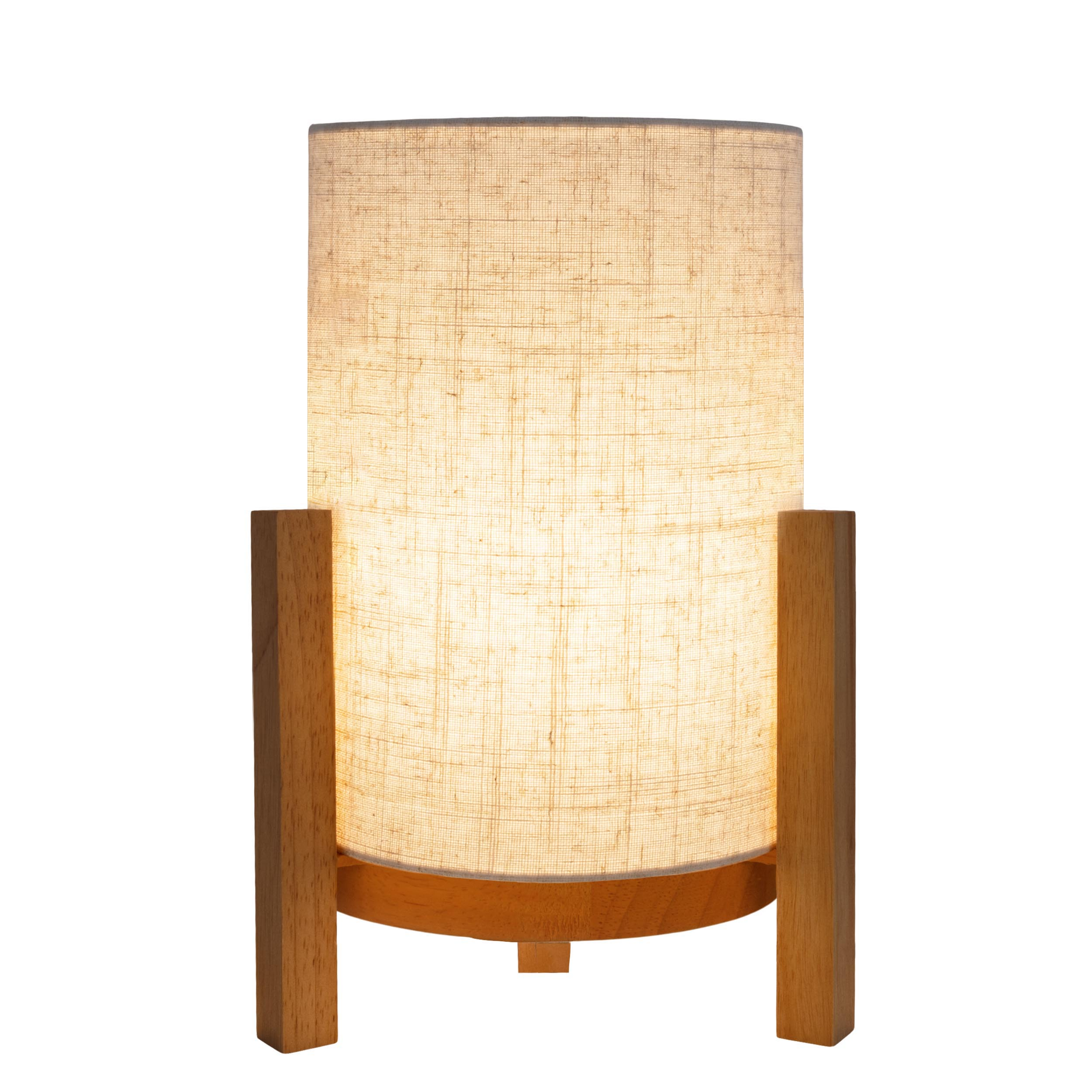 Holzlampe mit zylindrischem Lampenschirm und Holzstützen. Auf weißem Hintergrund.