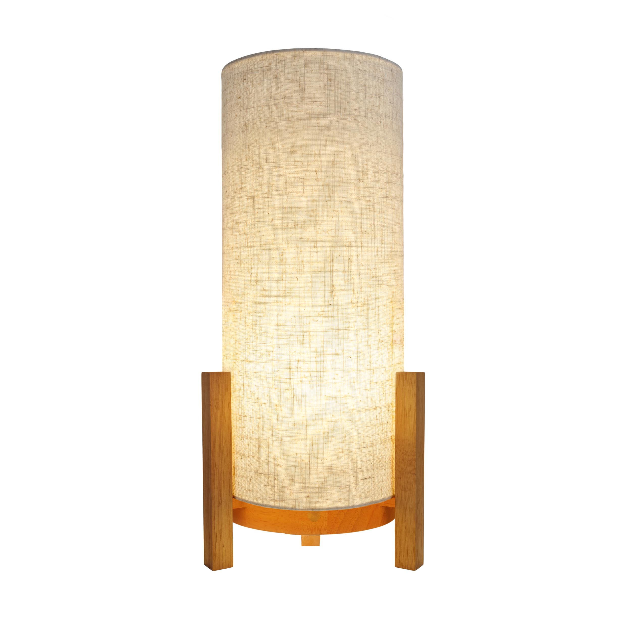 Hohe zylindrische Lampe. Beigefarbener Schirm auf Holzsockel. Licht leuchtet.