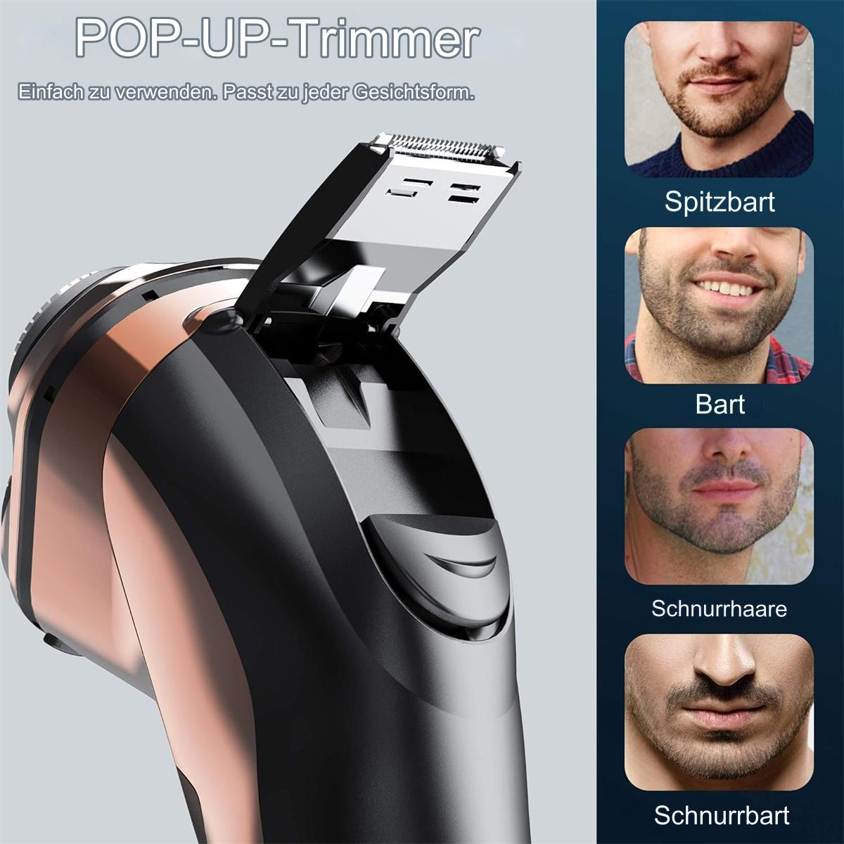 Pop-up-Trimmer mit verschiedenen Bartbeispielen. Nahaufnahme zeigt Trimmerklinge.