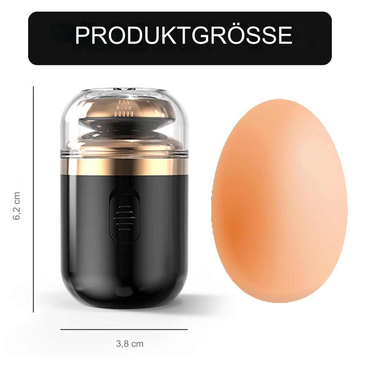 Schwarzer und goldener Rasierer mit einem Ei daneben, das die Produktgröße misst.