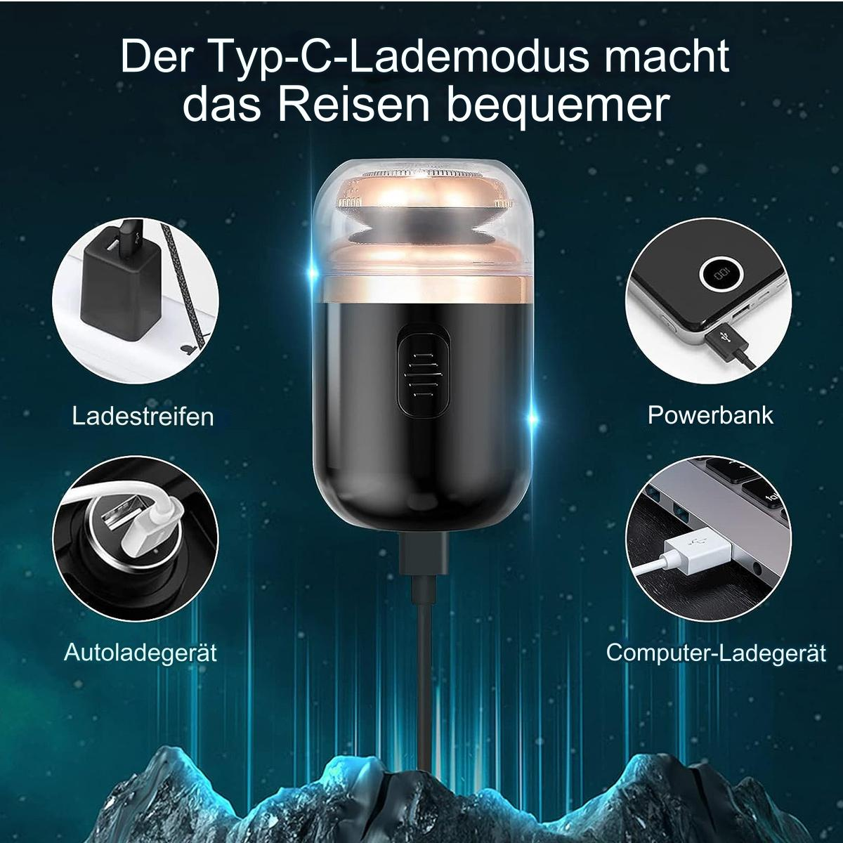 Schwarzer Rasierer mit Ladeoptionen: Ladegerät, Autoladegerät, Powerbank und Computerladegerät.