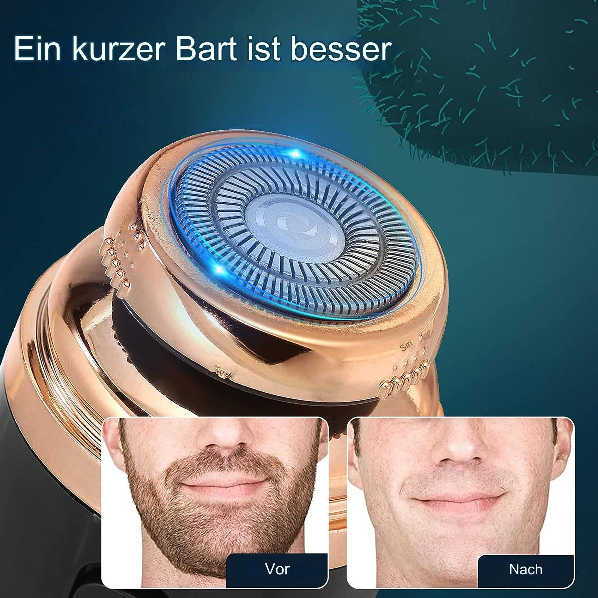 Elektrischer Rasierer zeigt Vorher-Nachher-Rasur. Text: Ein kurzer Bart ist besser.