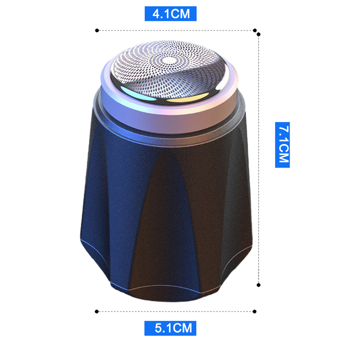 Ein kleiner, schwarz-blauer Elektrorasierer mit Maßangaben.