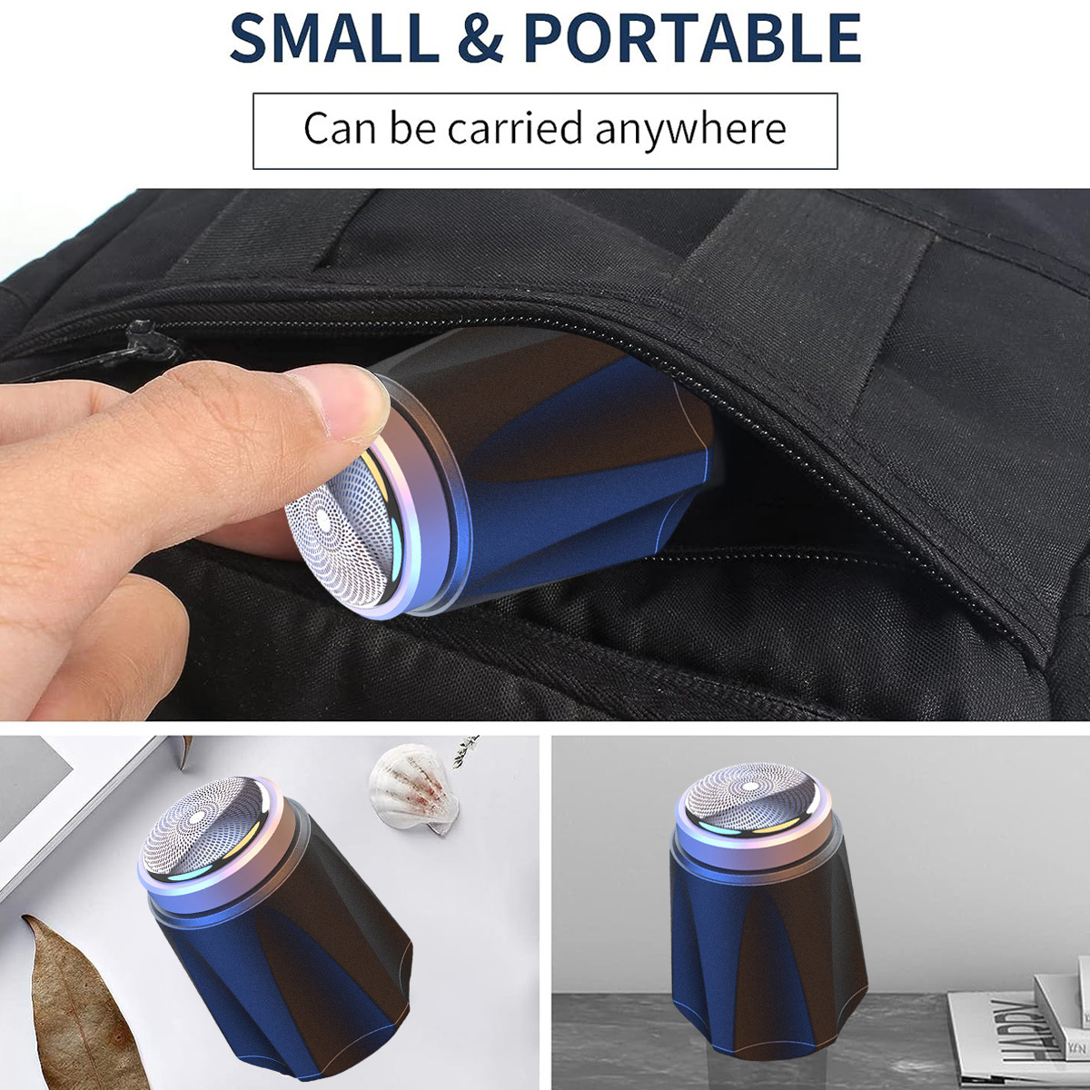 Ein kleiner, blau-schwarzer Elektrorasierer wird aus einer schwarzen Tasche genommen.