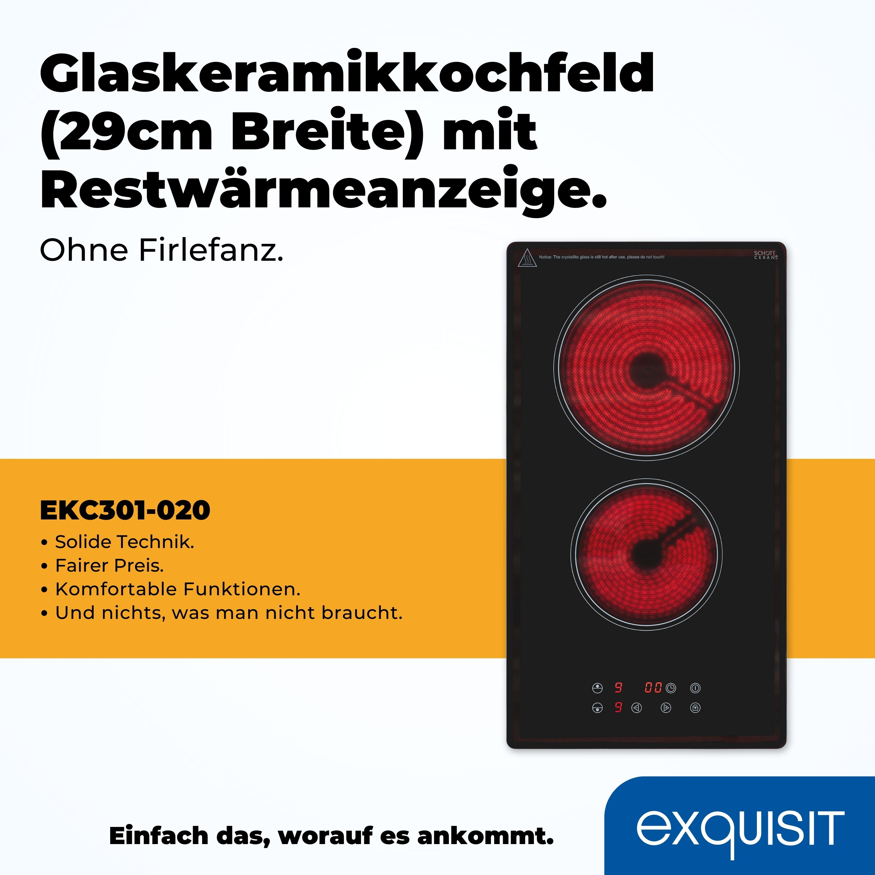 Ein schwarzes Glaskeramikkochfeld mit zwei roten heißen Kreisen und Text, vor blauem Hintergrund.