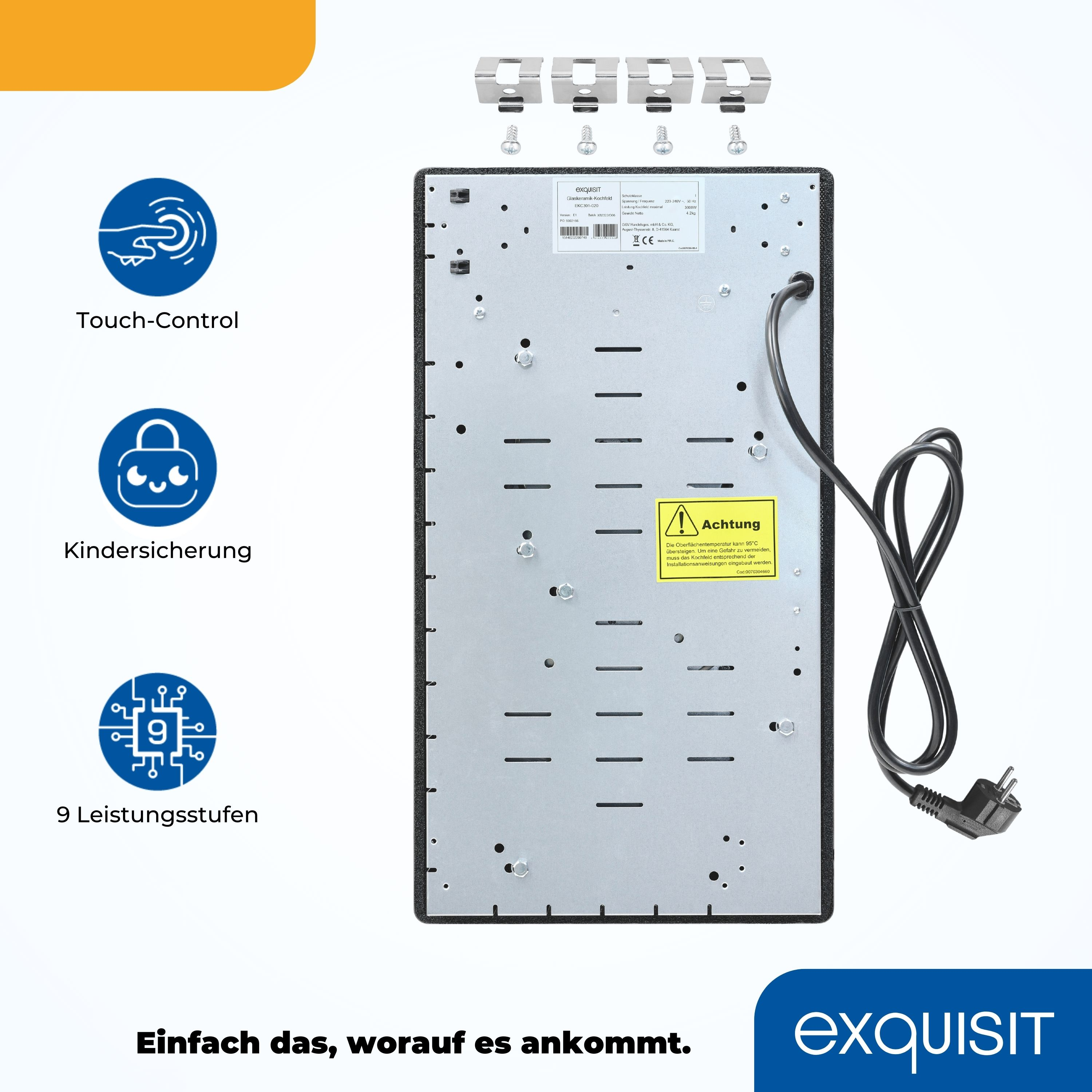 Rückseite eines schwarzen Induktionskochfelds mit Bedienfeld und Komponenten.