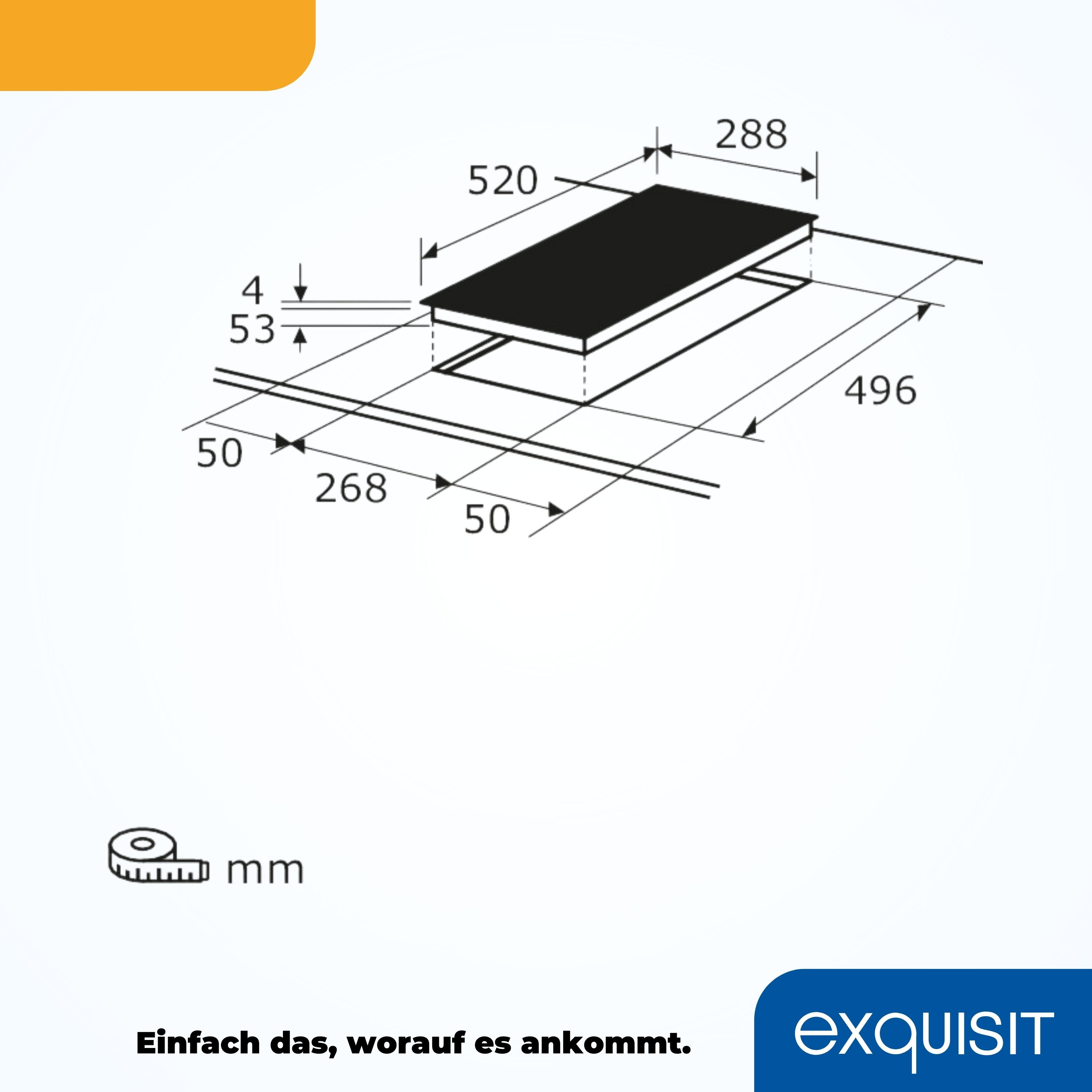 Ein schwarzes Kochfeld mit Abmessungen und einem Diagramm. Das Logo von "exquisit" befindet sich unten rechts.