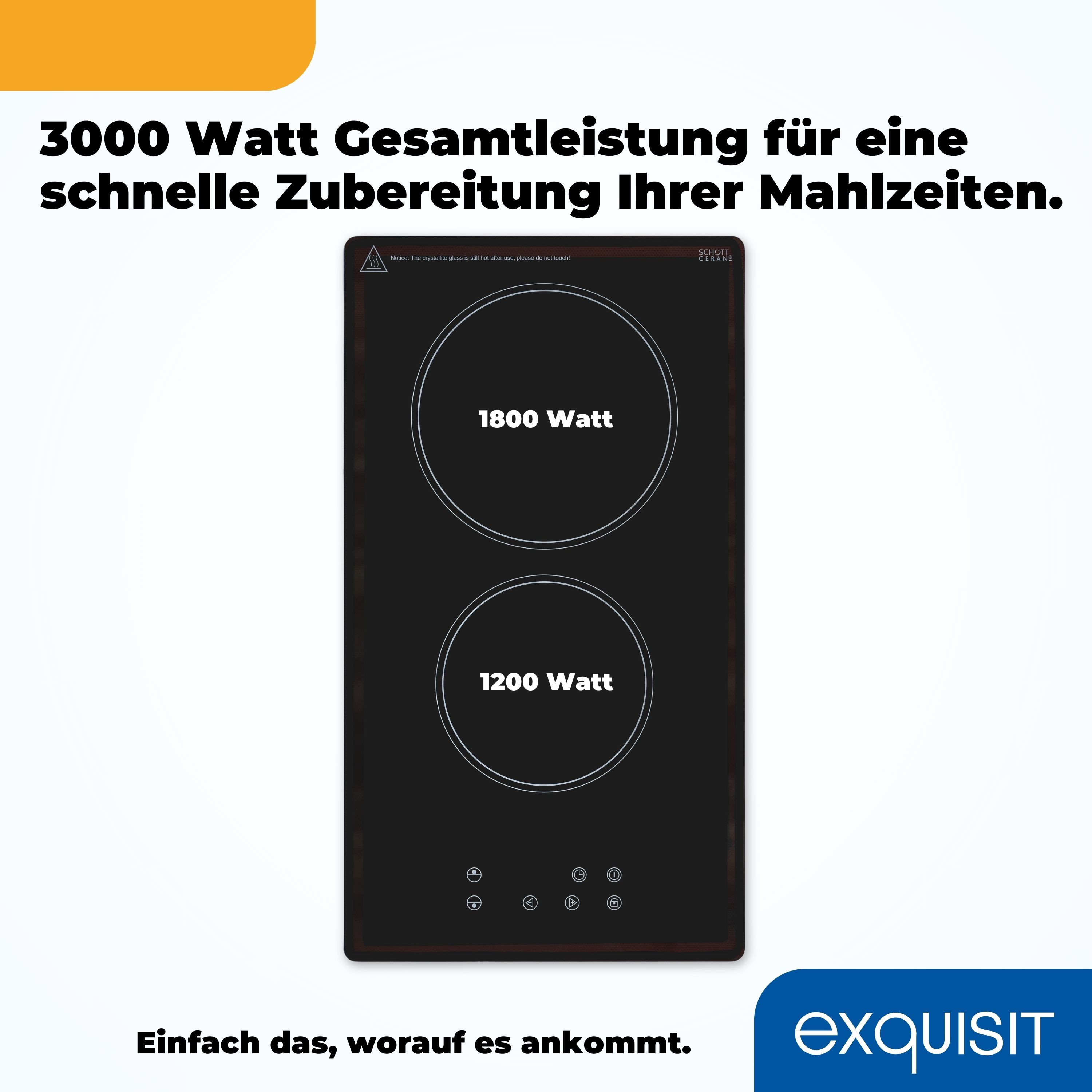Schwarzes Induktionskochfeld mit zwei Kochfeldern, Digitalanzeige und Leistungsangaben.
