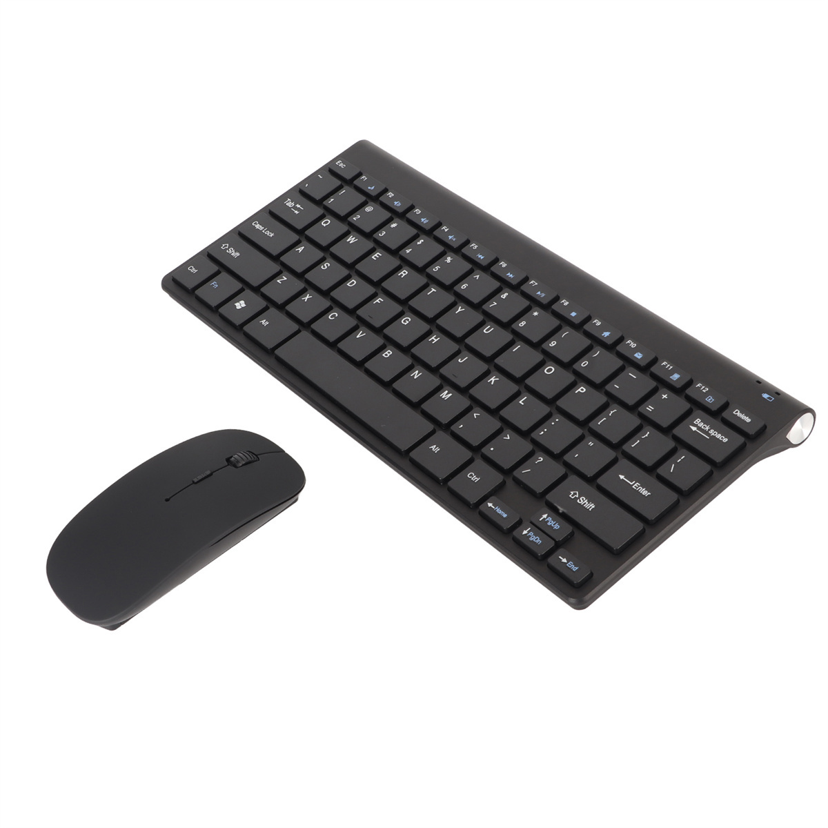 Ein schwarzes kabelloses Tastatur- und Maus-Set. Die Tastatur hat weiße Tasten, die Maus ist kompakt und einfach.