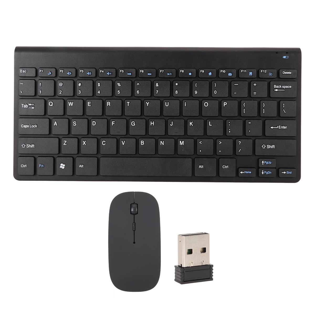 Eine schwarze, kabellose Tastatur, Maus und USB-Empfänger.