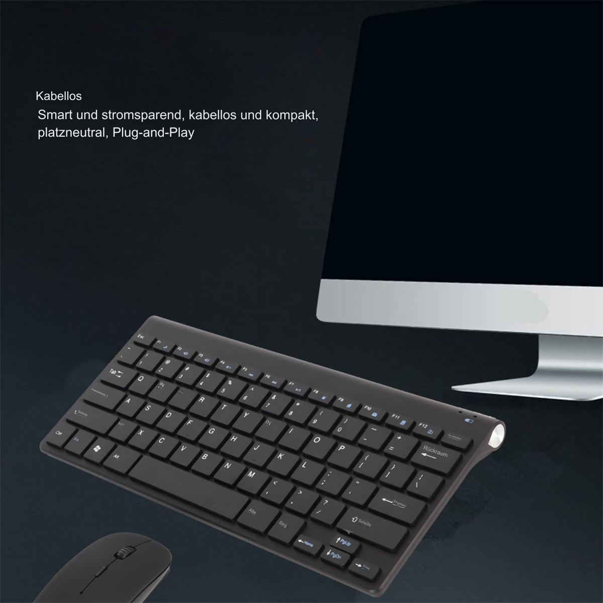 Schwarze Tastatur, Maus und Computermonitor. Texte: Smart, kompakt und Plug-and-Play.