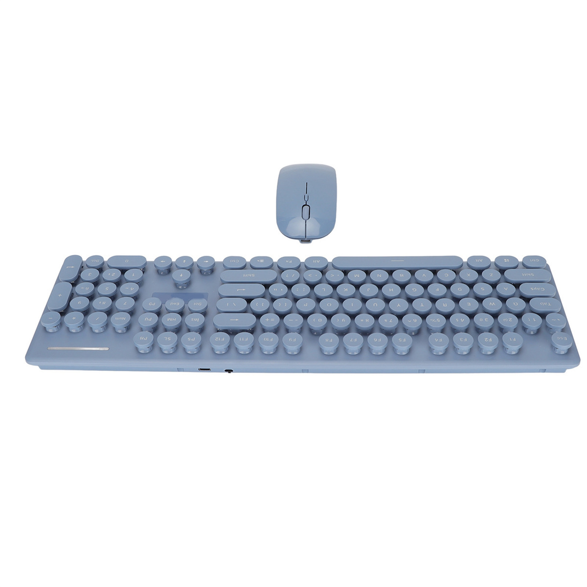 Ein hellblaues Tastatur- und Maus-Set. Die Tastatur hat runde Tasten. Weißer Hintergrund.