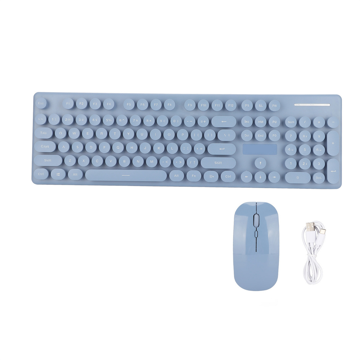 Blaue Tastatur, Maus und Ladekabel auf weißer Oberfläche. Weißer Hintergrund.