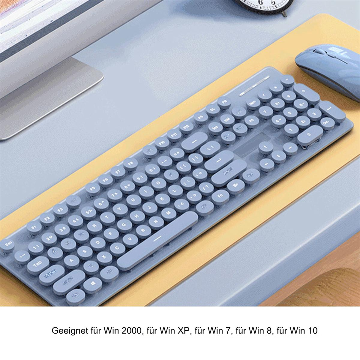 Hellblaue Retro-Tastatur auf einer goldenen Schreibtischunterlage. Tasten sind rund.
