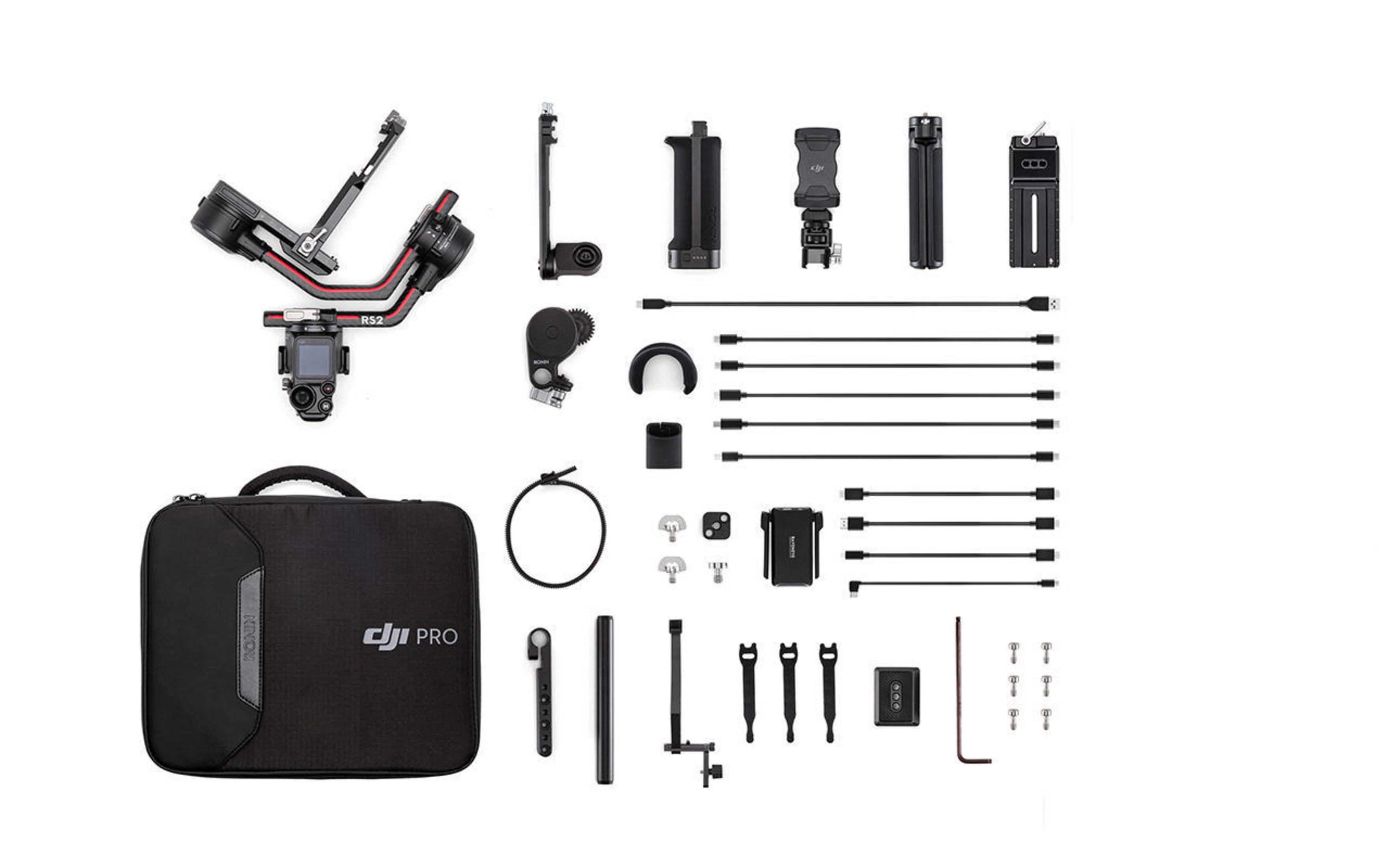 DJI RS 2 Pro Combo. Ein Gimbal, Zubehör und eine Tragetasche werden angezeigt.
