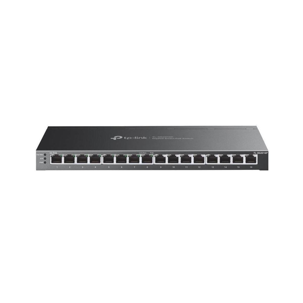 Ein schwarzer Netzwerk-Switch mit 16 Ports. Der Switch befindet sich auf weißem Hintergrund.