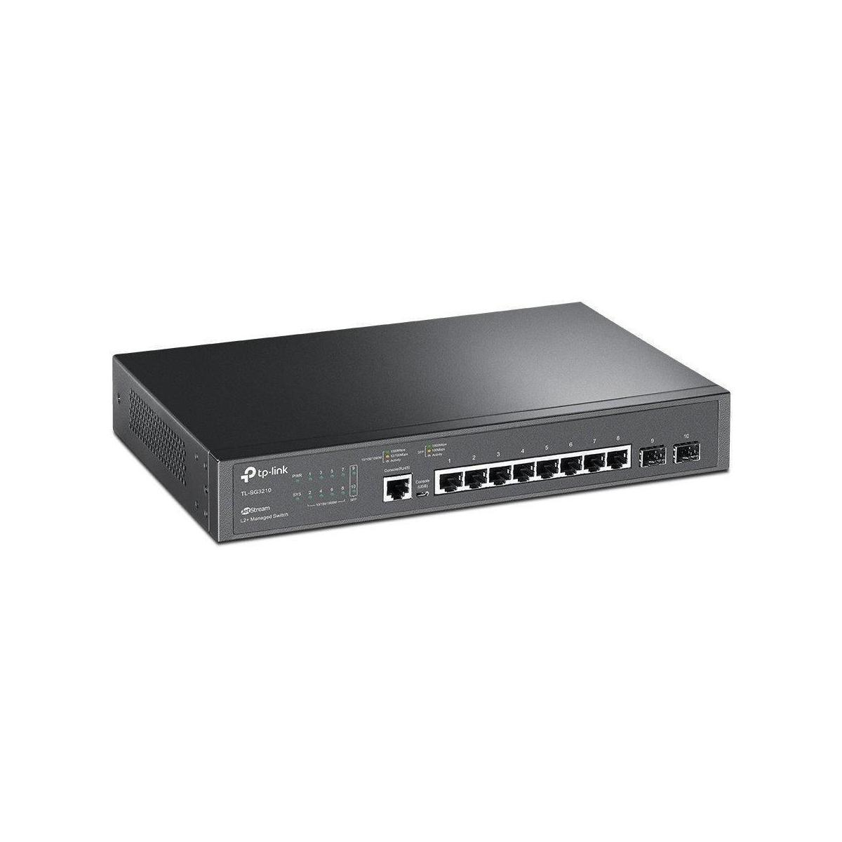 Schwarzer Netzwerk-Switch mit Anschlüssen auf weißer Oberfläche.