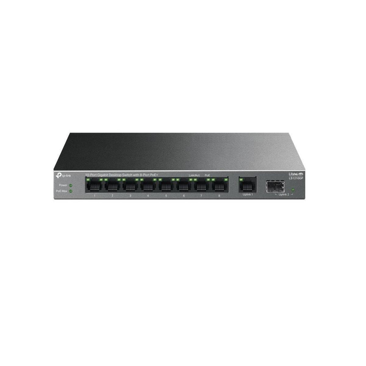Ein schwarzer Netzwerk-Switch mit beschrifteten Anschlüssen und Lichtern. Es hat das TP-Link-Logo.