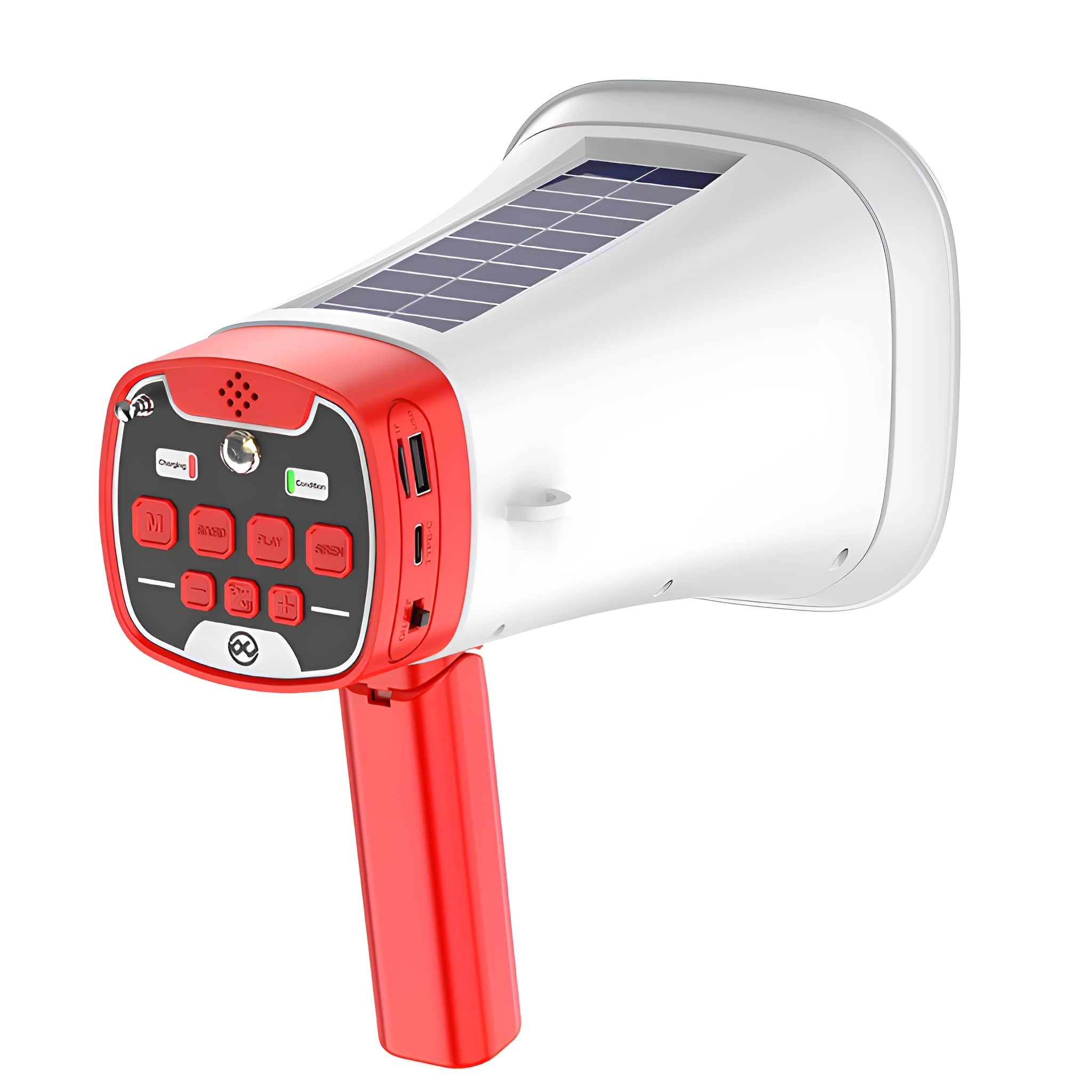 Ein rotes und weißes Megaphon mit Solarpanel und Knöpfen vor weißem Hintergrund. Der Griff ist rot.