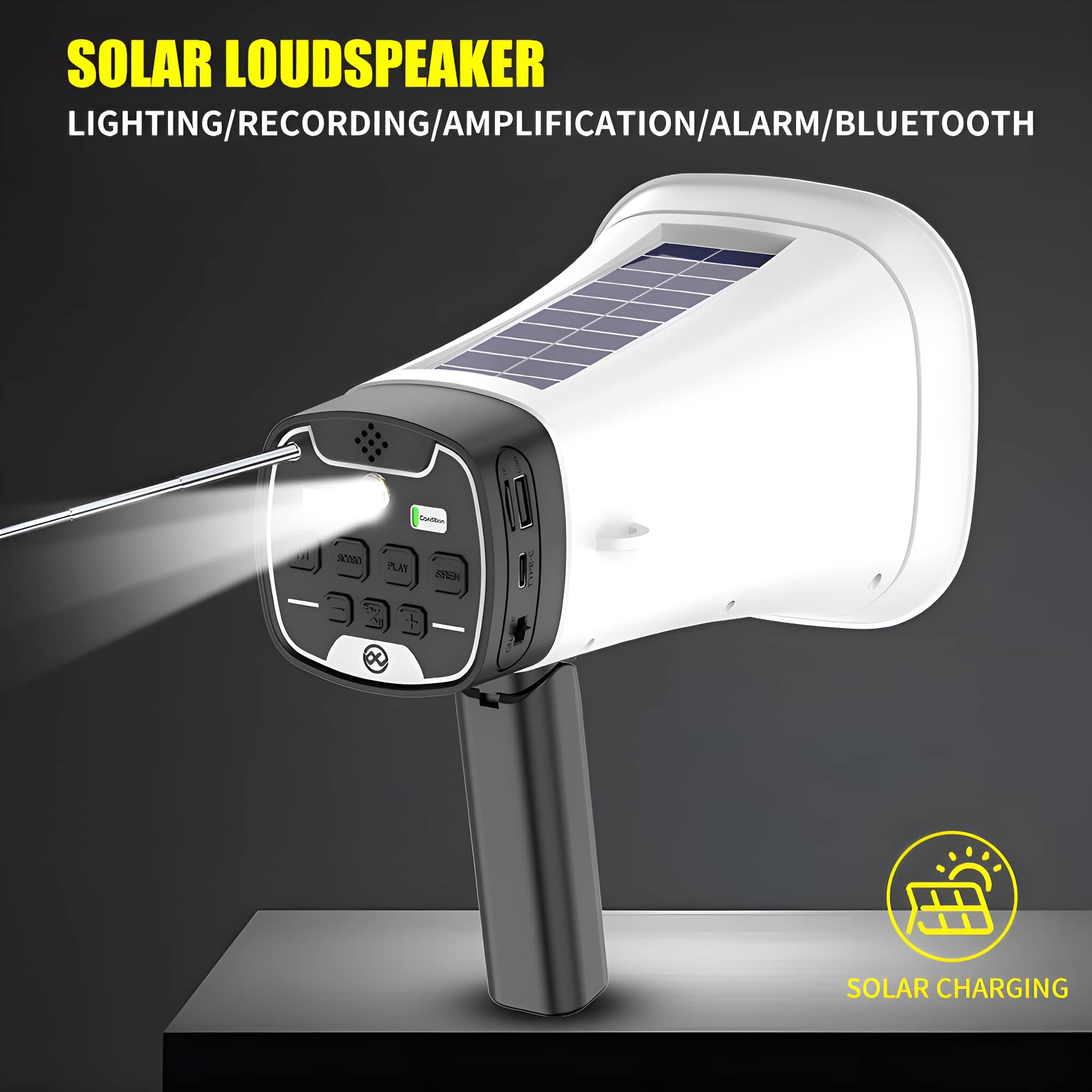 Ein weißes Megaphon mit Solarpanel, zeigt Bedienelemente und einen Lichtstrahl.
