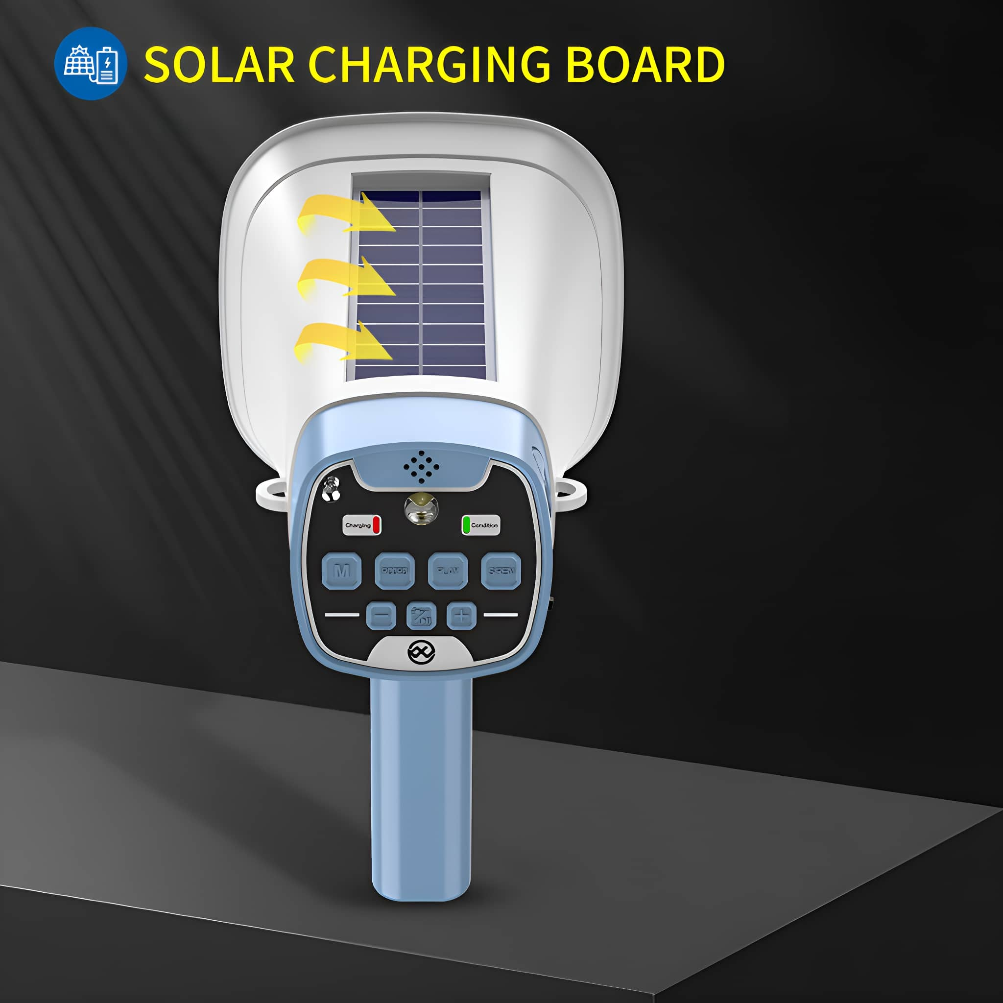Ein Solar-Ladegerät mit blauem Sockel und weißer Oberseite. Hat Knöpfe und ein kleines Solarpanel.