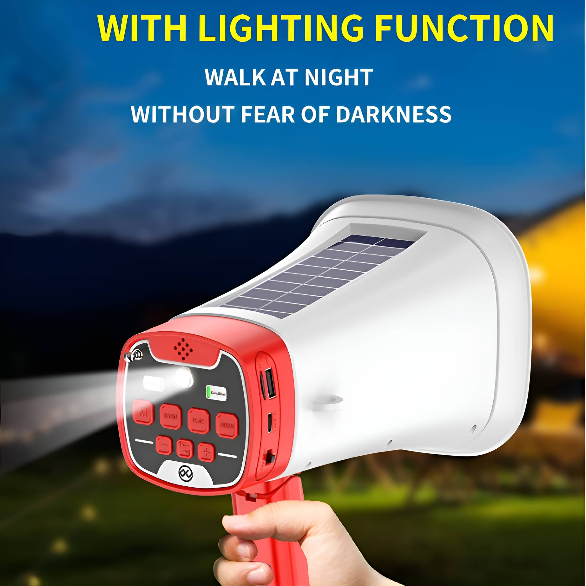 Rotes und weißes Megaphon mit Solarpanel und Text zur Beleuchtungsfunktion.
