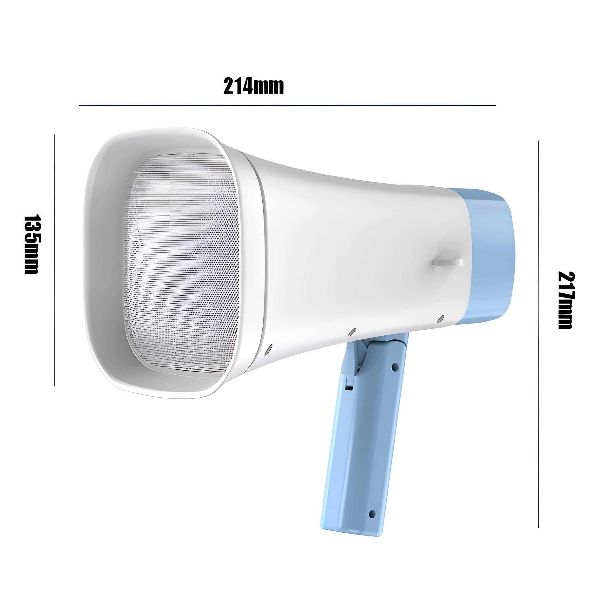Weiß-blaue Megaphon. Abmessungen sind 214 mm Länge, 135 mm Breite und 217 mm Höhe.