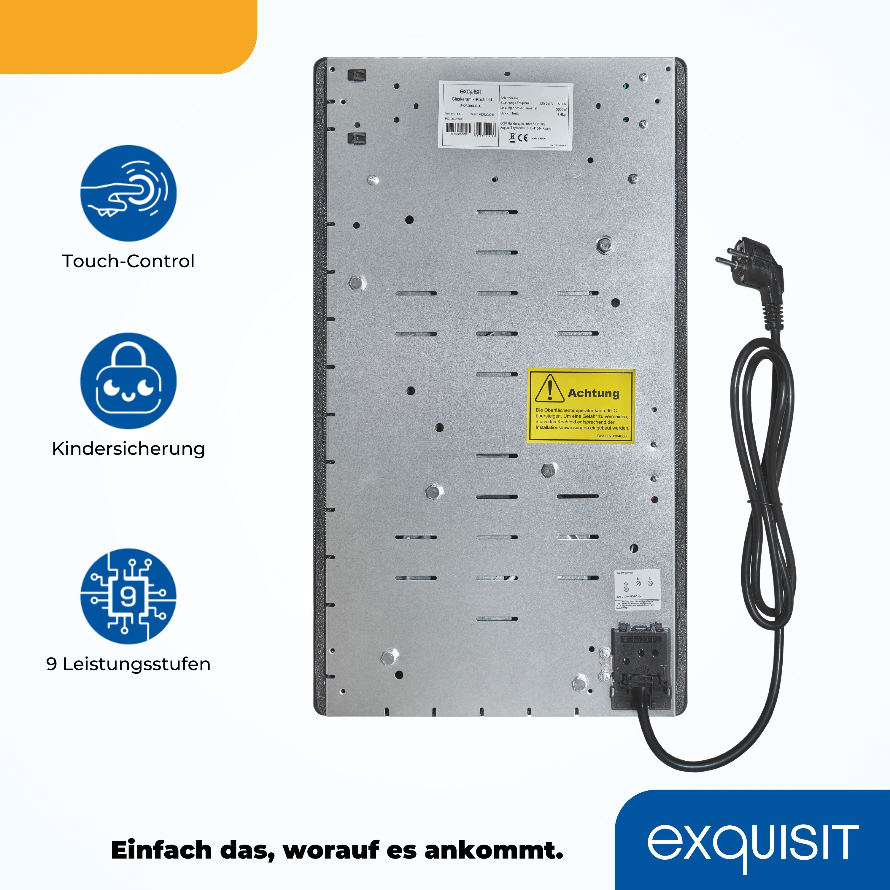 Rückseite eines Induktionskochfelds mit Touch-Bedienung und Sicherheitsmerkmalen. Text: 'exquisit'.