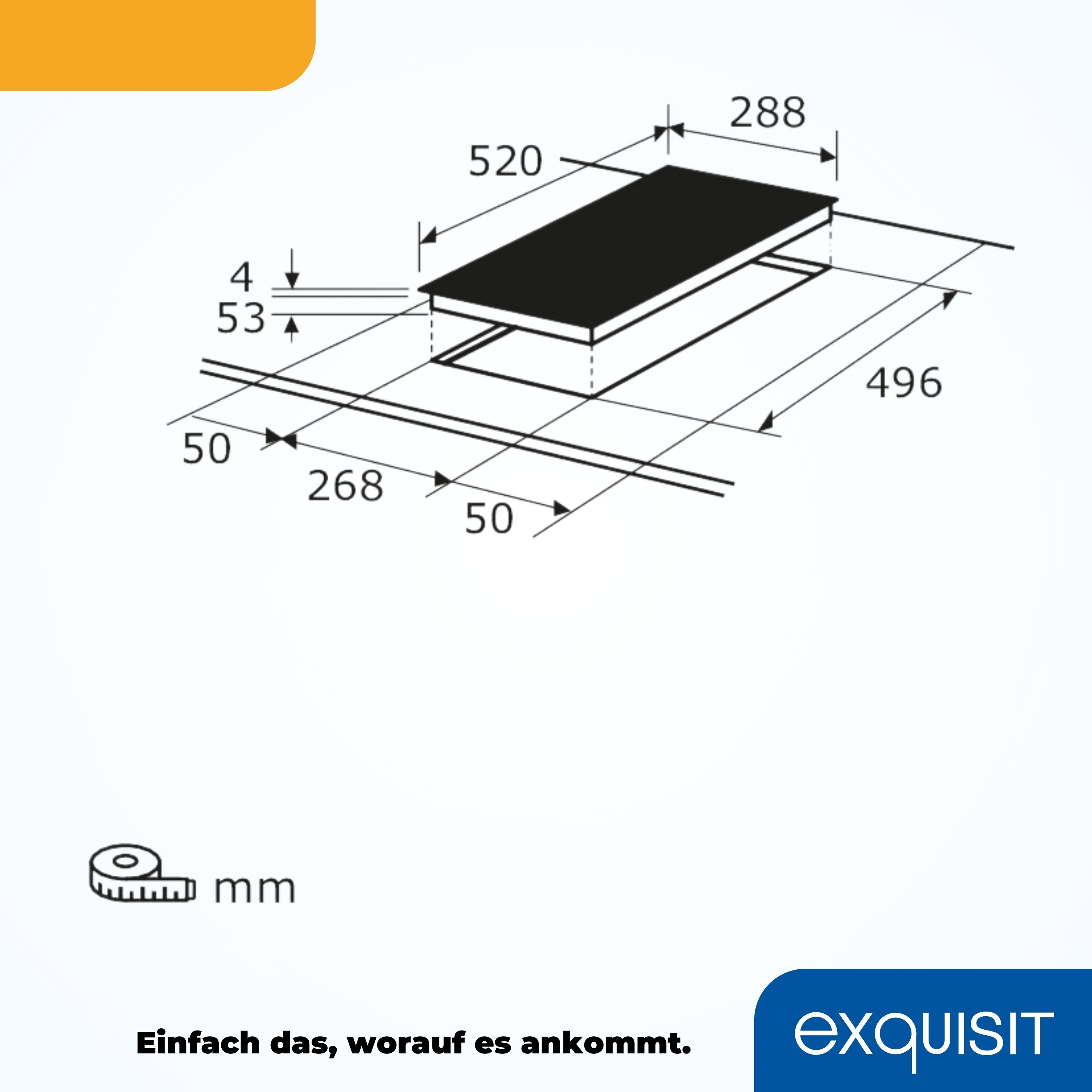 Diagramm mit Abmessungen eines schwarzen Kochfelds. Maße in mm. Text auf Deutsch und ein Firmenlogo.